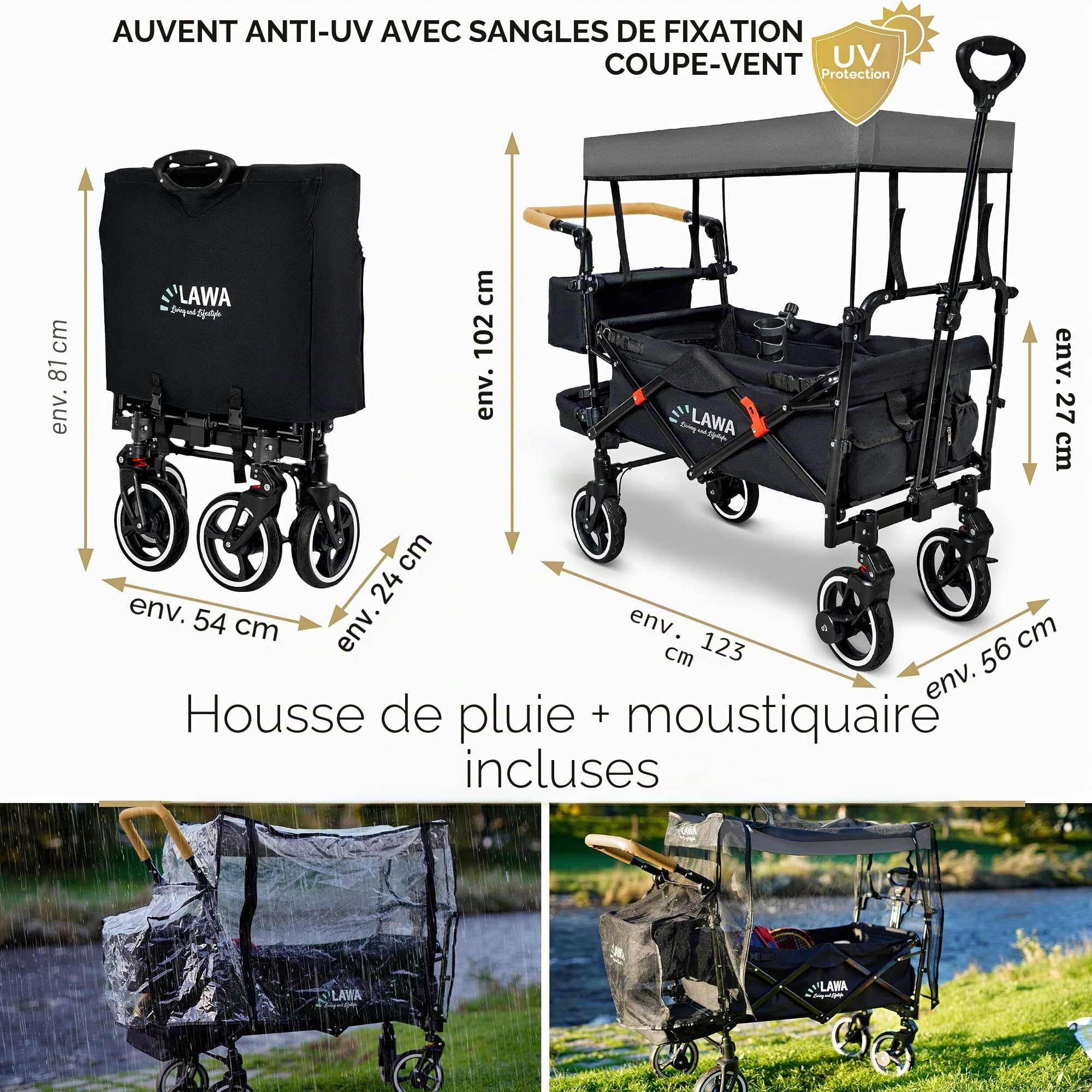 Chariot de Transport Pliable pour Enfants avec Toit, Protection Pluie & Insectes, Freins Avant/arrière, Suspension, Charge 80 kg, Noir/Bleu