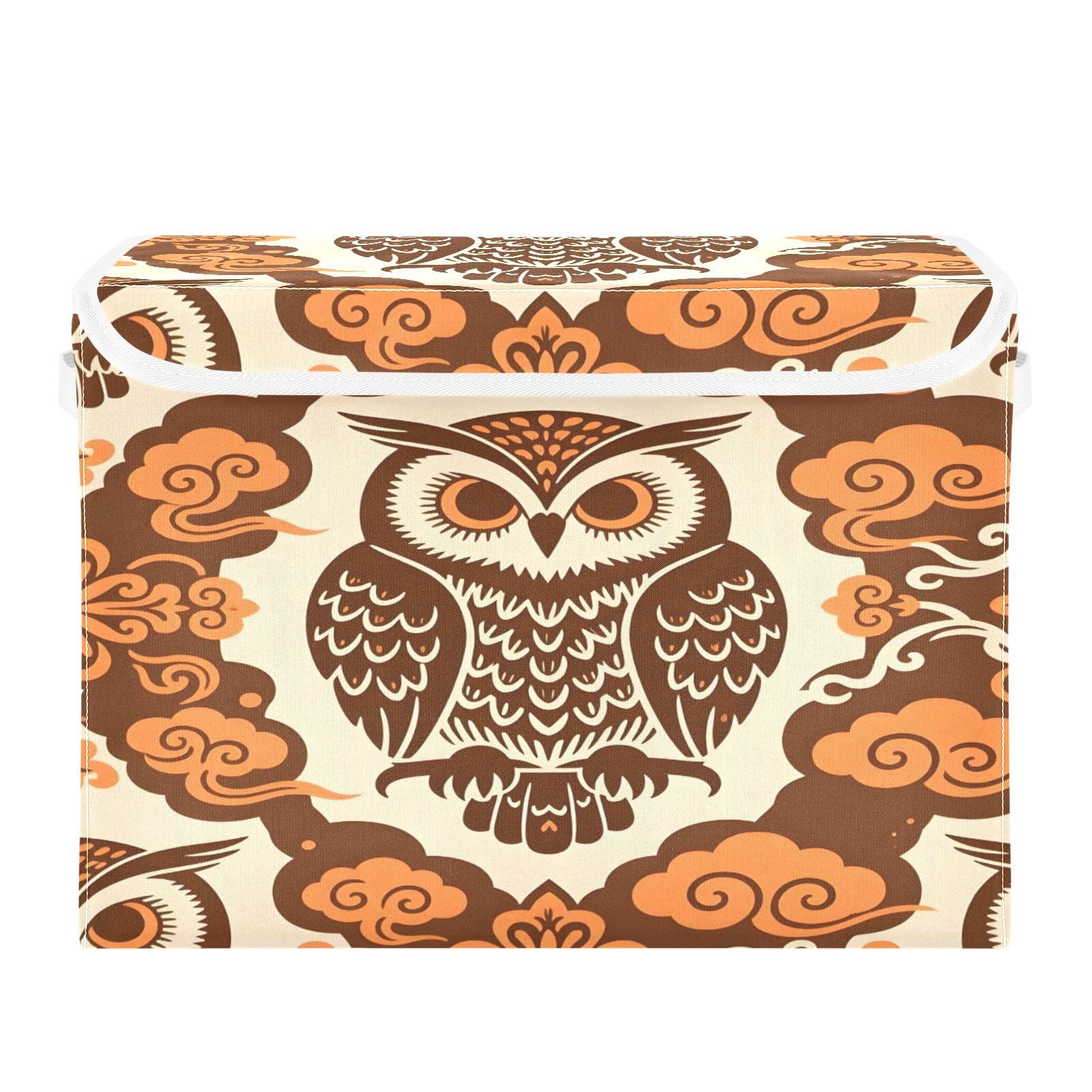 Ewusp Owls Fabric Storage Bin with Lid, Decorative Foldable Storage Basket with Handles, Stackable Closet Shelf Organiser Box for Clothes, Books, Bedroom, Living Room