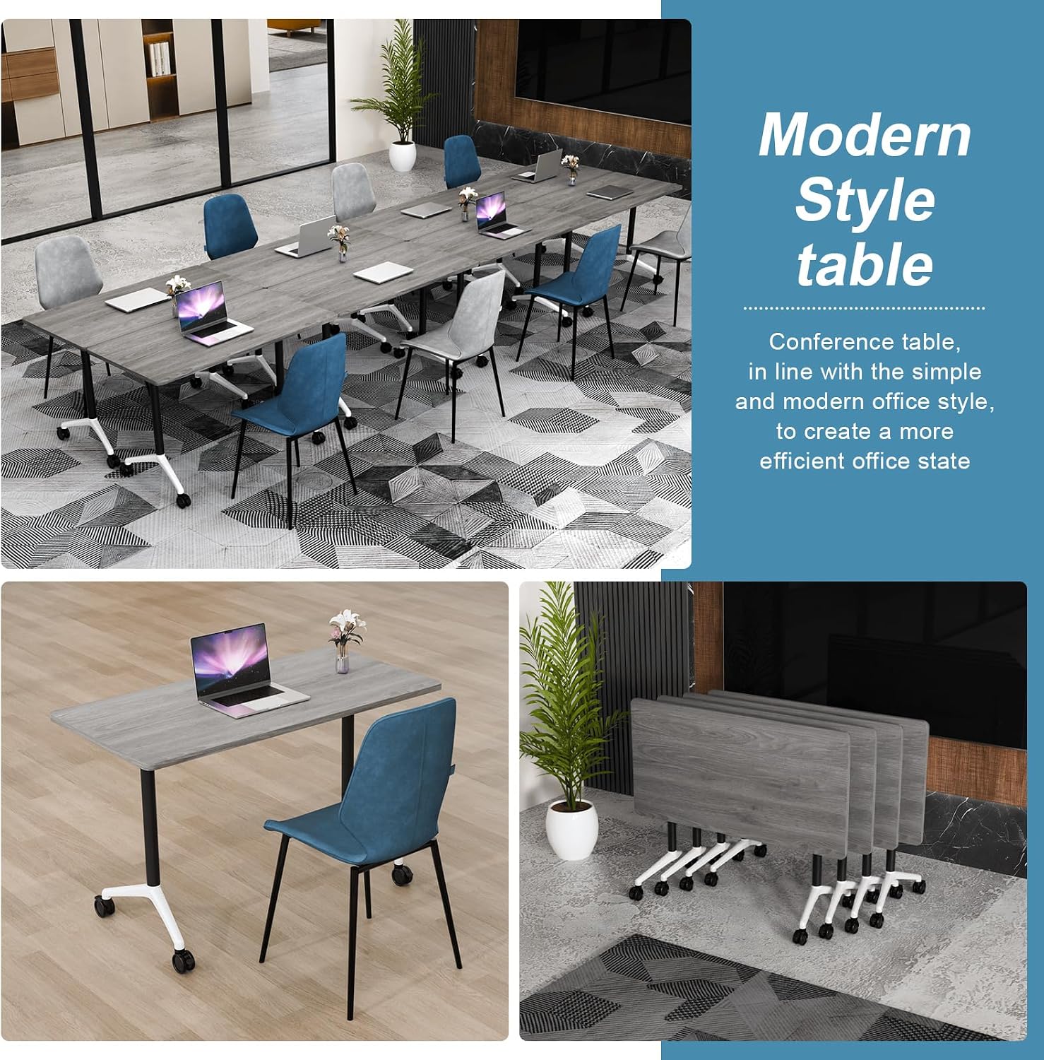 Folding Conference Table, Conference Room Tables Foldable Large Meeting Seminar Table on Wheels,Flip Top Boardroom Training Tables for Office, Classroom,Meeting (8, Grey, 70.8)