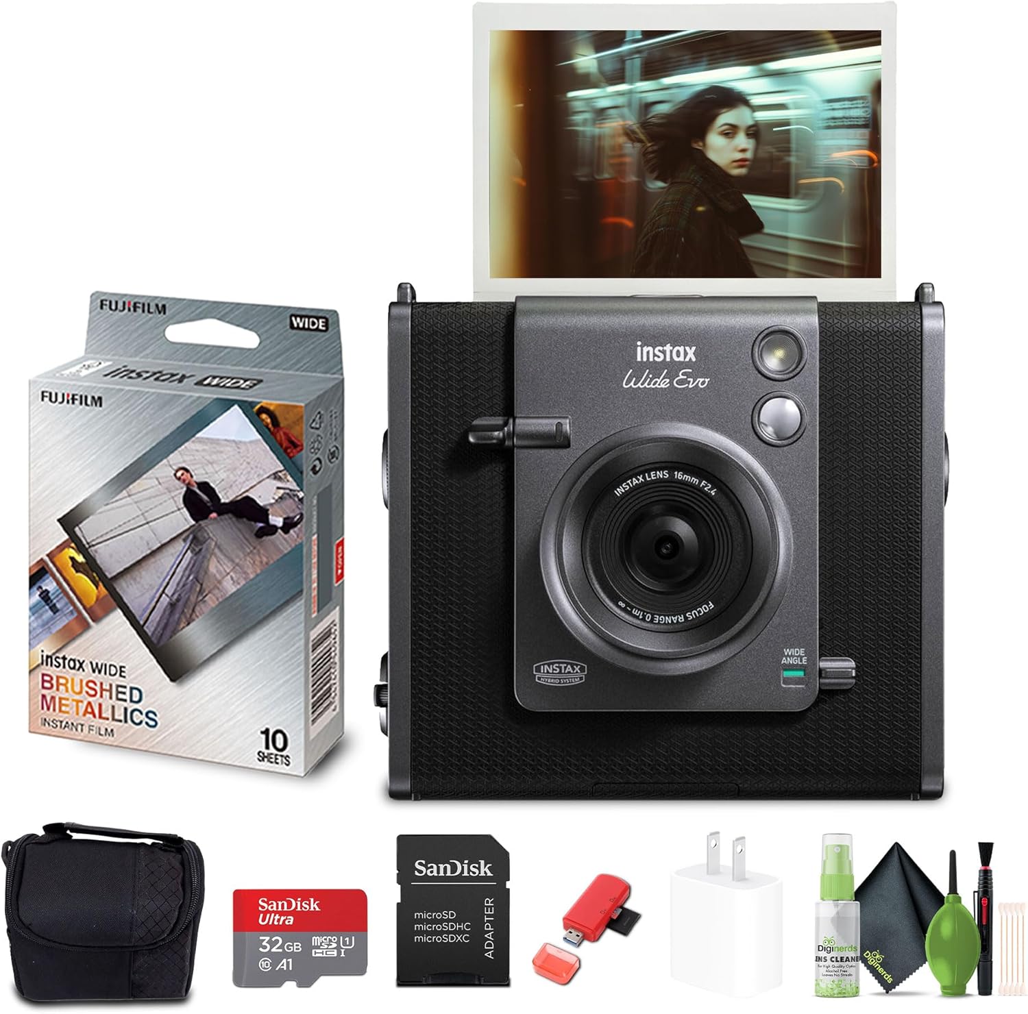 Fujifilm Instax Wide Evo Hybrid Instant Film Camera (16840957) Bundle with Fuji Instax-Wide Brushed Metallics Instant Film (10 Exposures) + 32GB Memory Card + Padded Case + Cleaning Kit + More