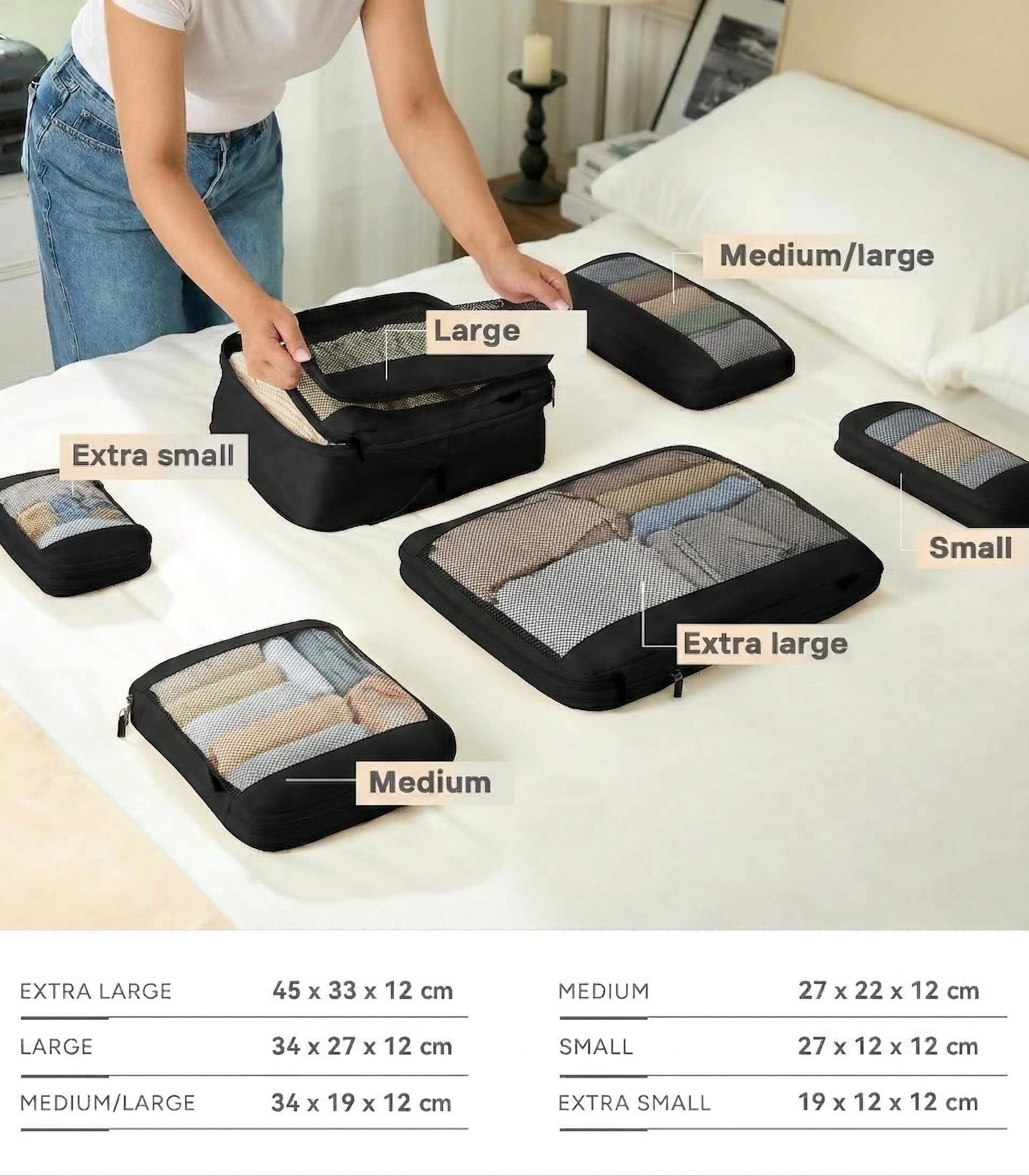 MURISE Zestaw 6 Organizer do Walizki Kompresyjny, Compression Packing Cubes do Plecaka, Organizer Podróżny na Wakacje i Podróże, Akcesoria Kempingowe i Podróżne, Czarny