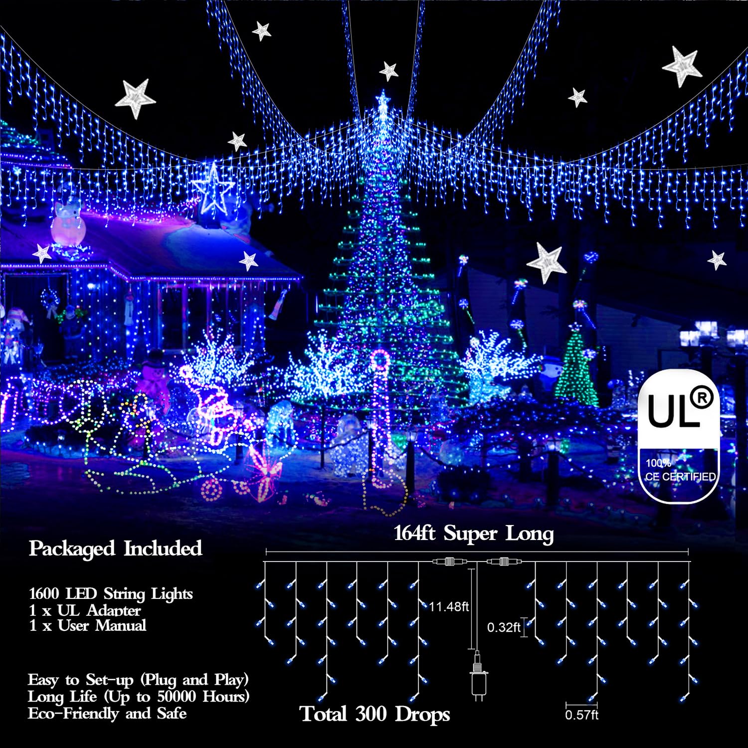 Weihnachtslichter Außen Super Lang 1600 LED 164FT Timer 8 Modi Stecker Dimmbar Weihnachtslichter Wasserdicht Innen LED-Streifen Lichter Dekor für Dach Terrasse Garten Urlaub Hochzeit Party Blau