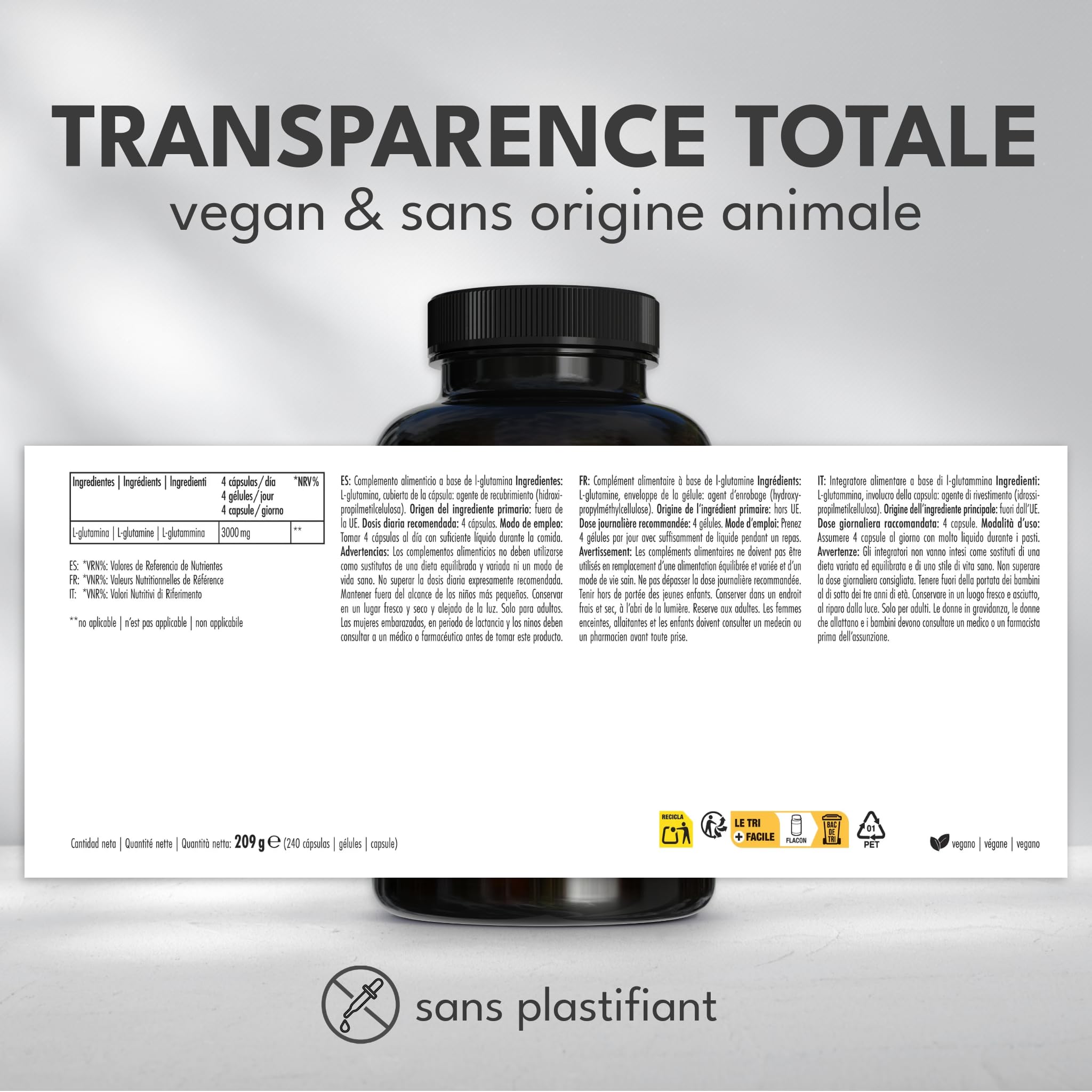 Green Naturals L-Glutamine 3 000 mg par jour – 240 gélules | Forme libre issue de fermentation · Vegan · Sans additifs · Cure de 2 mois