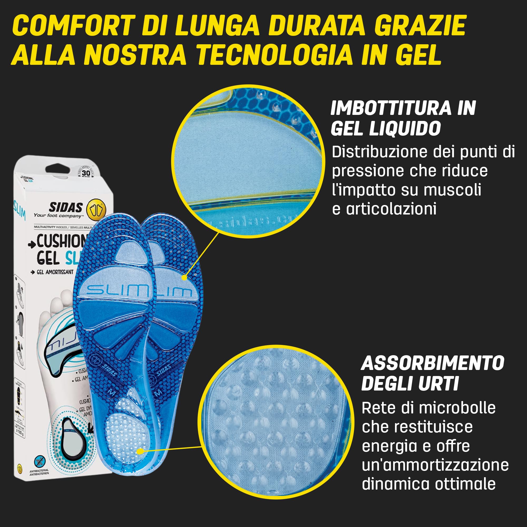 Sidas Gel Slim, Solette in Gel ammortizzanti e antibatteriche, Solette per Camminare o Lavorare, Comfort e Traspirabilità, Uomini e Donne