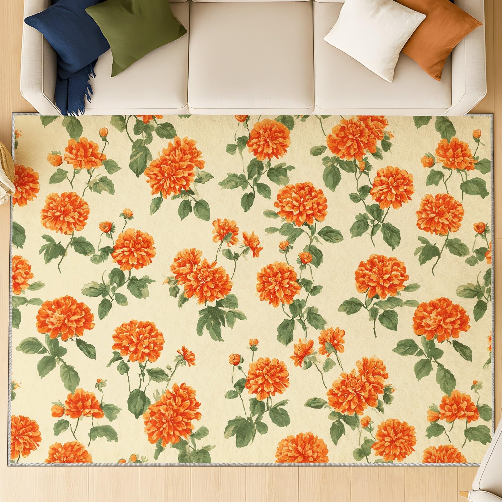 Generisch Dywan botaniczny, styl wiejski, puszysty dywan vintage, kwiaty, łatwy w pielęgnacji, pomarańczowy wzór kwiatowy, kremowy, dywan i tylna strona TPR, 60 x 90 cm, do wejścia, mata pod drzwi