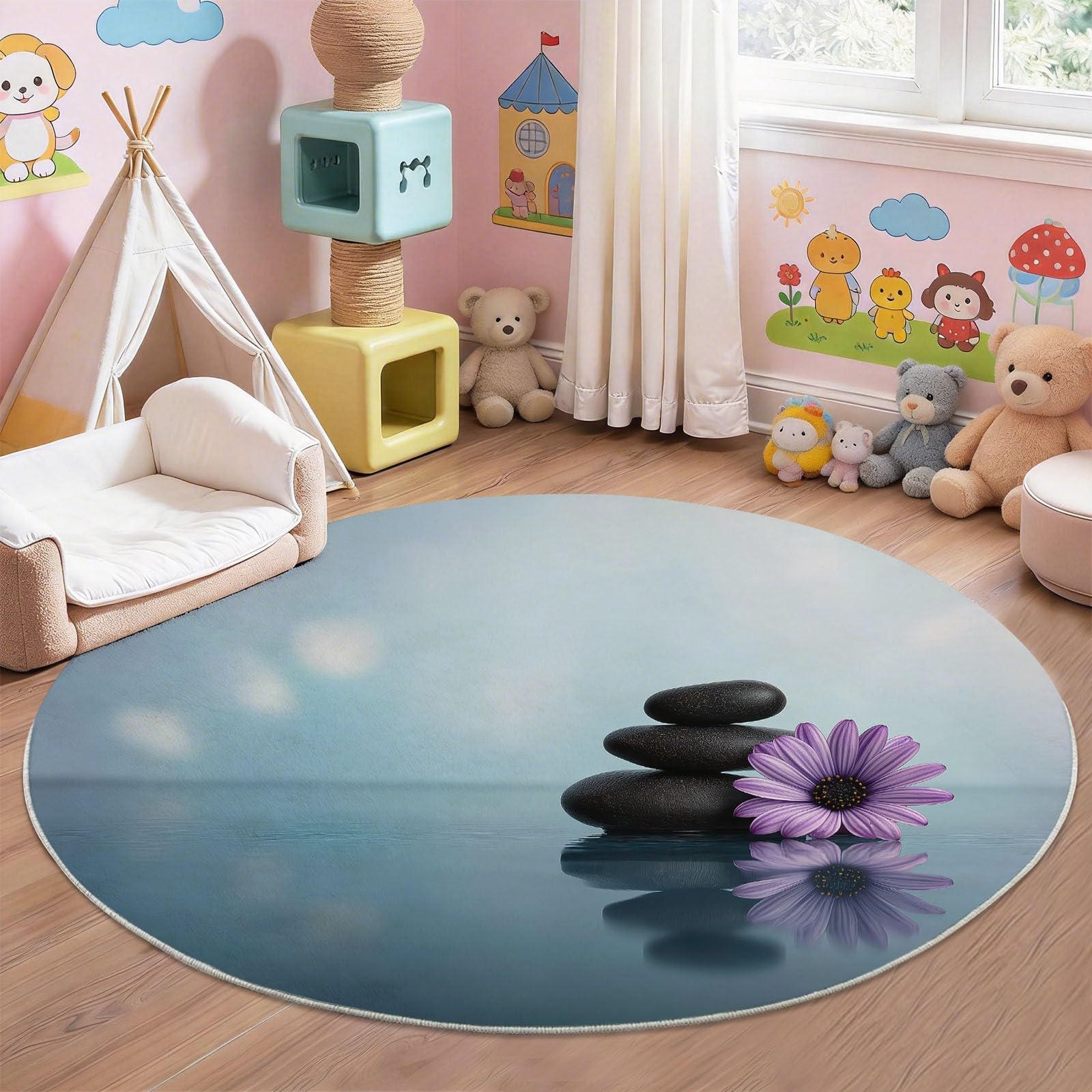 Tappeto rotondo per soggiorno, 180 cm, lavabile, morbido, antiscivolo, minimalista, zen, per camera da letto, sala da pranzo, cameretta dei bambini, casa e ufficio, blu-grigio