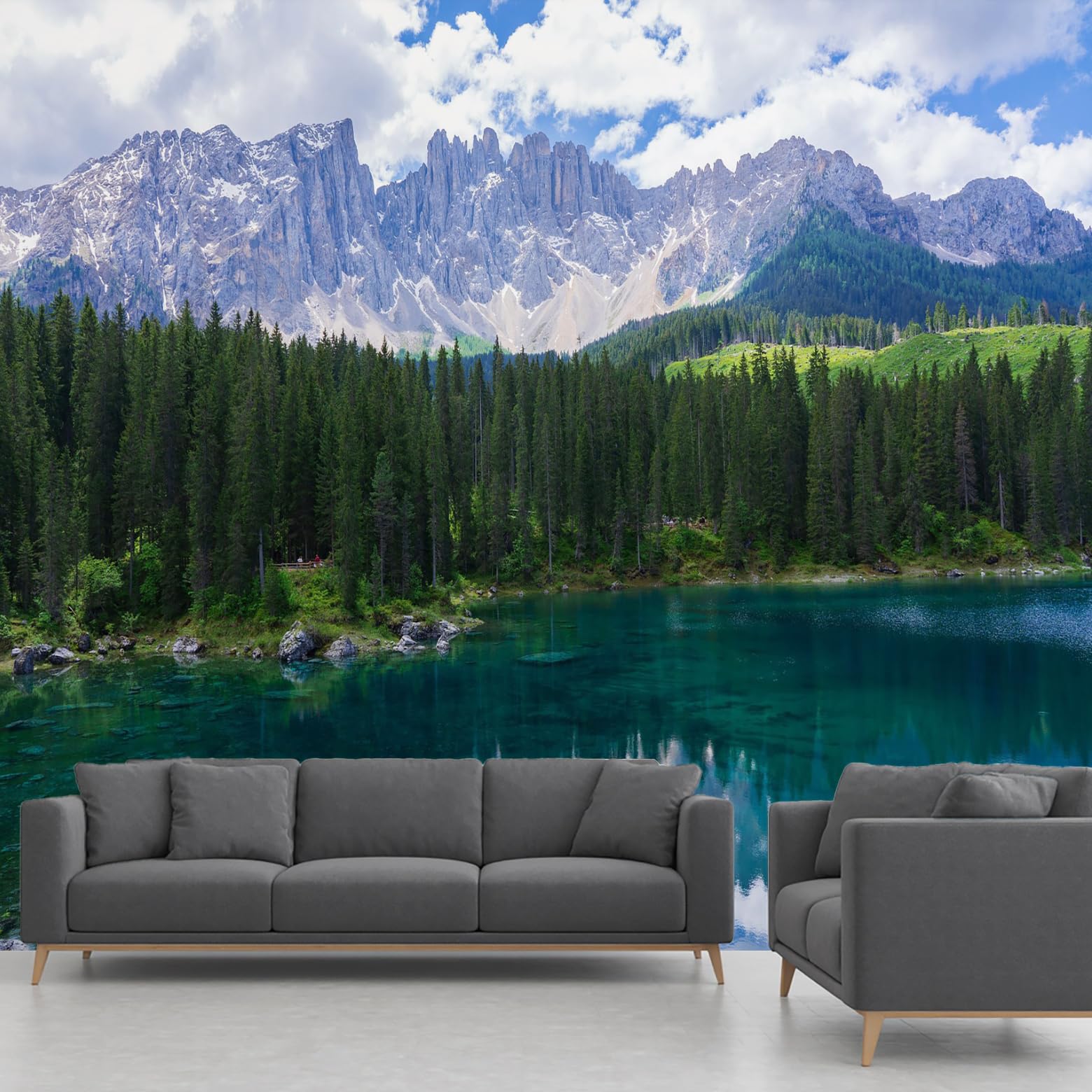 Snowy Mountain Wallpape Forest Lake Reflection Wall Mural 250x175cm