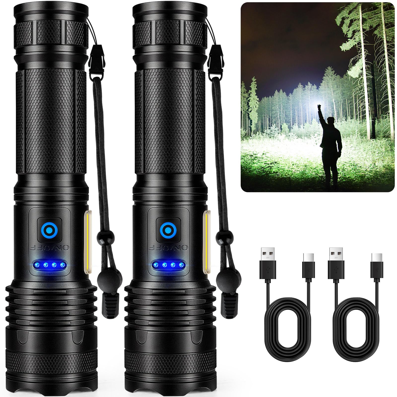 Paquete de 2 linternas LED recargables de alto lúmenes, linterna súper brillante de 90,000 lm, luz de flash potente ajustable con luz COB y 8 modos, linterna de mano impermeable para el hogar, camping