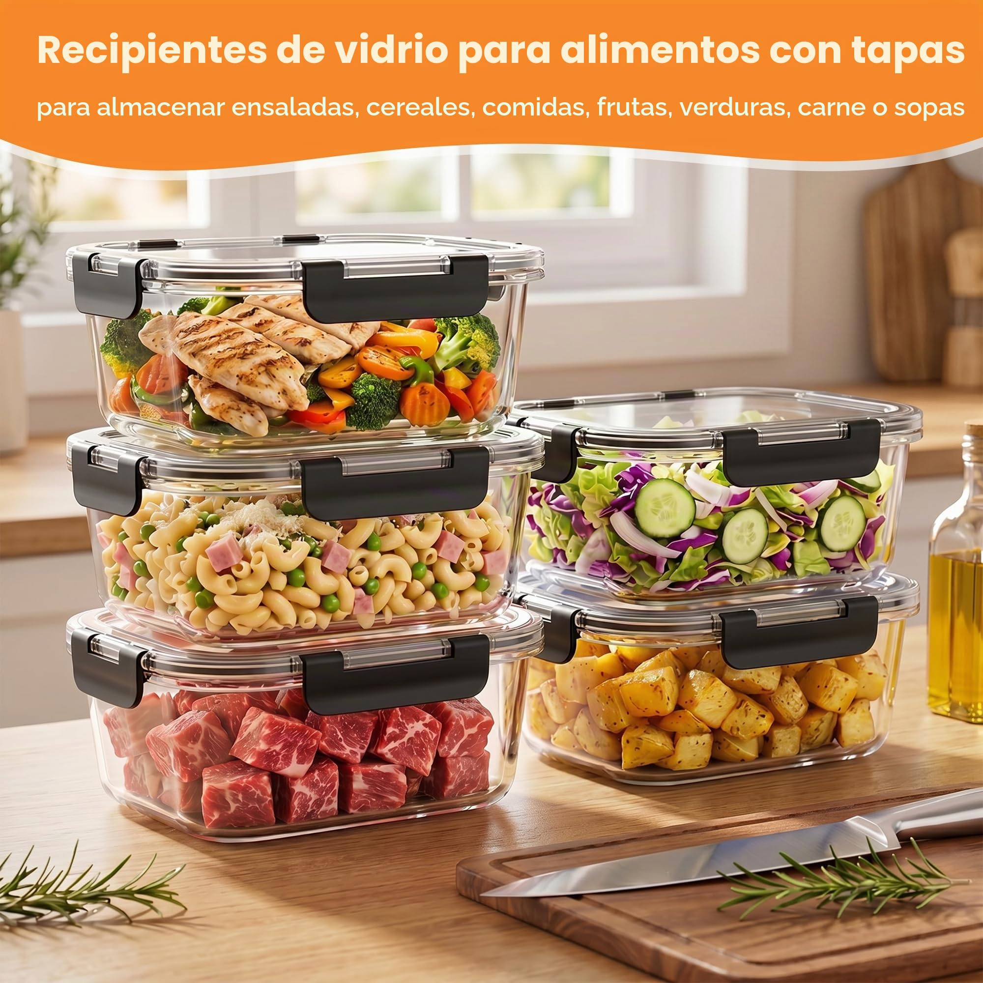 Zocipro 5 Pack 1000 ml Tupper Cristal Grande Hermético con Tapa, Meal Prep Containers, Tuppers de Vidrio, Glass Food Storage, Potes de Vidro, Fiambreras de Vidrio, Microondas Horno Congelador