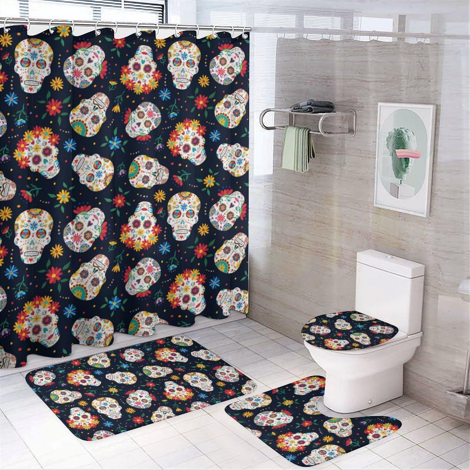JZemdybill Bathroom Mat Set 4 Piece, Mexican Sugar Skull Shower Curtain with Non-Slip Bath Mats for Bathroom