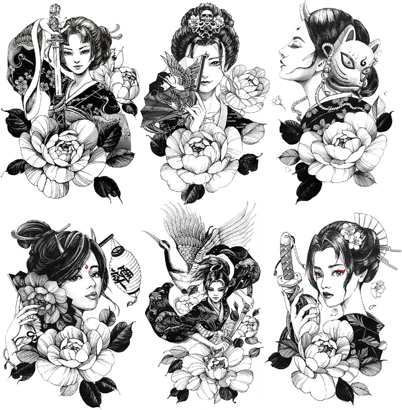 6 Sheets Waterproof Arm Temporary Tattoo Stickers Black Japanese Geisha Women Lady Samurai Fan Sword Crane Flower Fox Keaton Mask