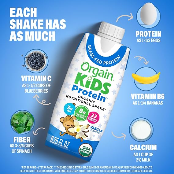 Orgain Organic Kids Protein Nutritional Shake, Vanilla - 8g of Protein, 22 Vitamins & Minerals, Fruits & Vegetables, Gluten Free, Soy Free, Non-GMO, 8.25 Fl Oz (Pack of 4)