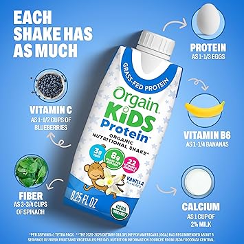 Orgain Organic Kids Protein Nutritional Shake, Vanilla - 8g of Protein, 22 Vitamins & Minerals, Fruits & Vegetables, Gluten Free, Soy Free, Non-GMO, 8.25 Fl Oz (Pack of 4)