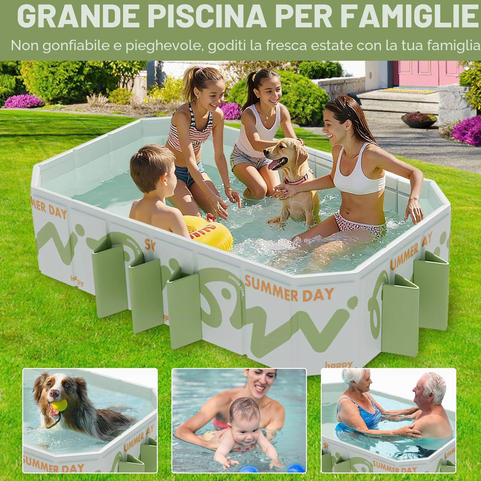 Piscina Pieghevole 220x135x50 cm - Piscina Fuori Terra per Bambini e Adulti, Grande Piscina Portatile con Doppio Scarico, Ideale per Giardino, Terrazzo, Spiaggia e Feste Estive