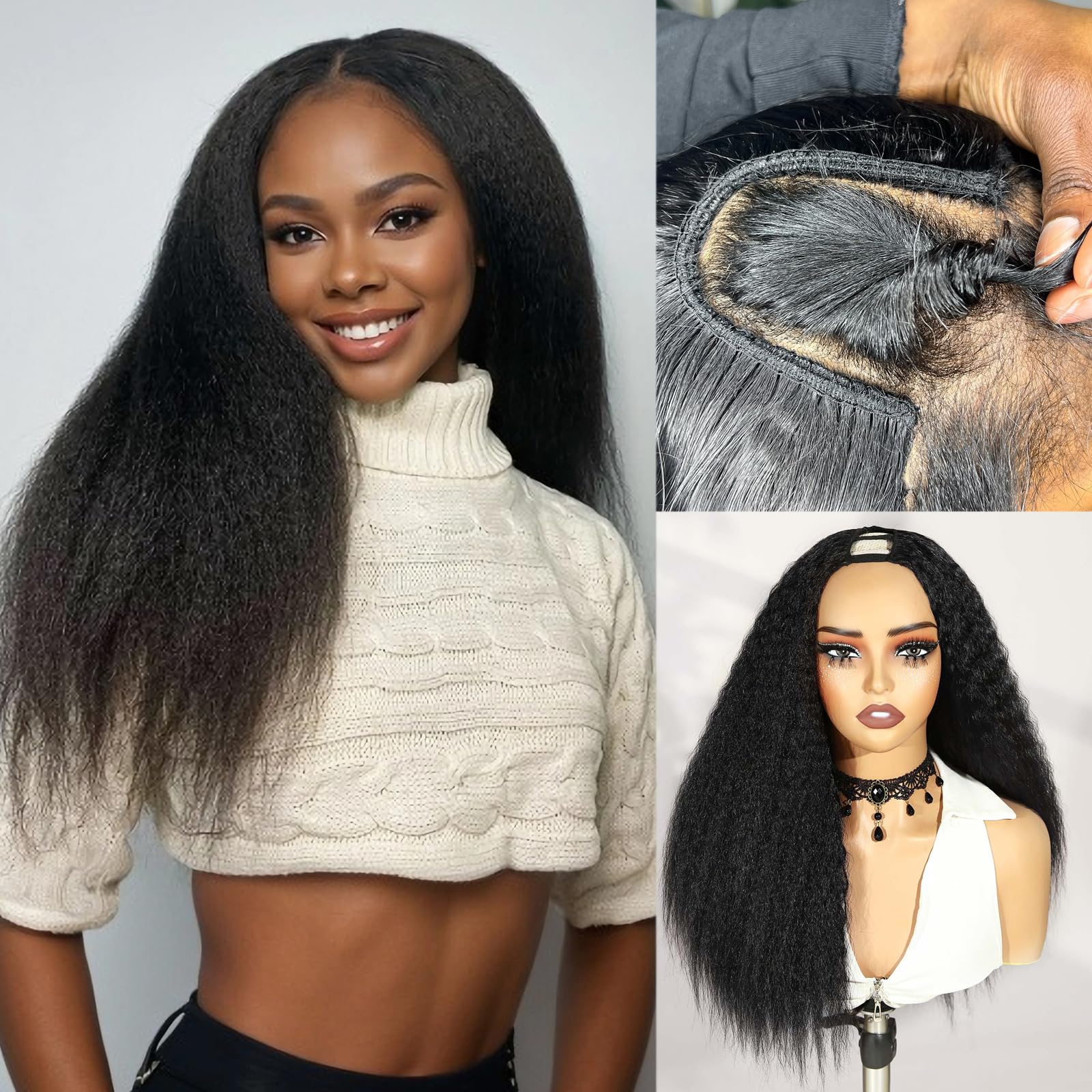 WIGER Kinky Straight U Part Wigs Human Hair Half Wig Natural Color Glueless Thin Leave Out Curly Hair 200% Density 22 Inch kinky Curly Clip in Wigs