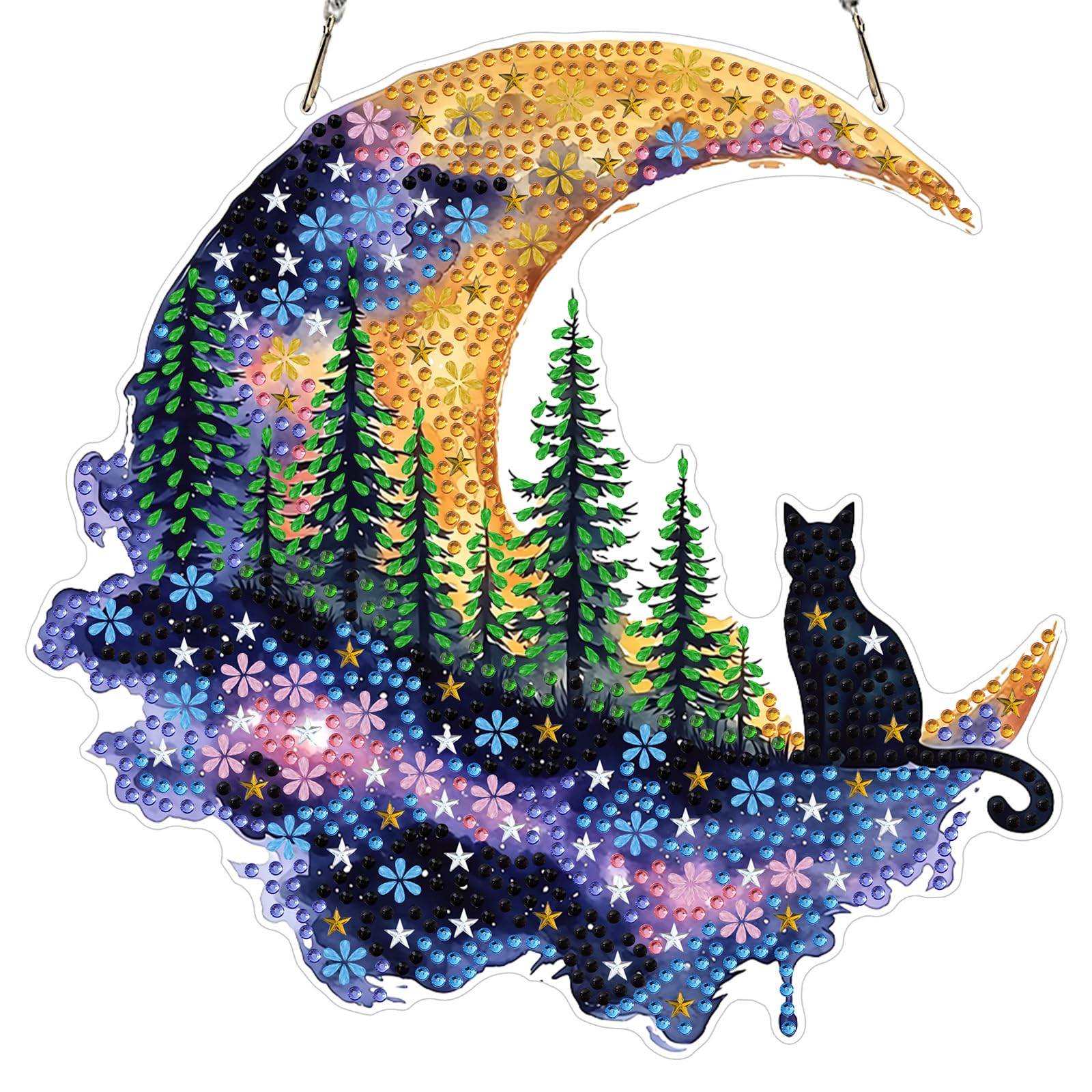 MXJSUA Forest Moon Cat Diamond Painting Art Window Suncatchers, Diamond Art Kits for Adults Hanging Ornaments with Chain, Special Shape Crystal Diamond Pendant Accessories for Decor Gift 20x20cm