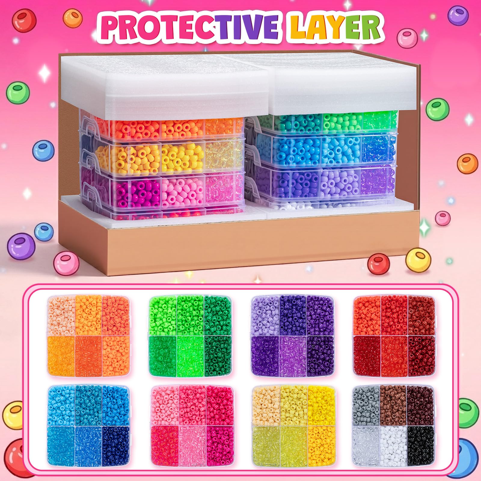 Umikk Pony-Perlen in 48 Farben, 6 x 9 mm, Kunststoff-Kandi-Perlen für Armbänder, Haare, Flechten, Schlüsselanhänger, Schnüren, Basteln, Geschenke für Kinder ab 6 Jahren (2,60 kg, stapelbarer