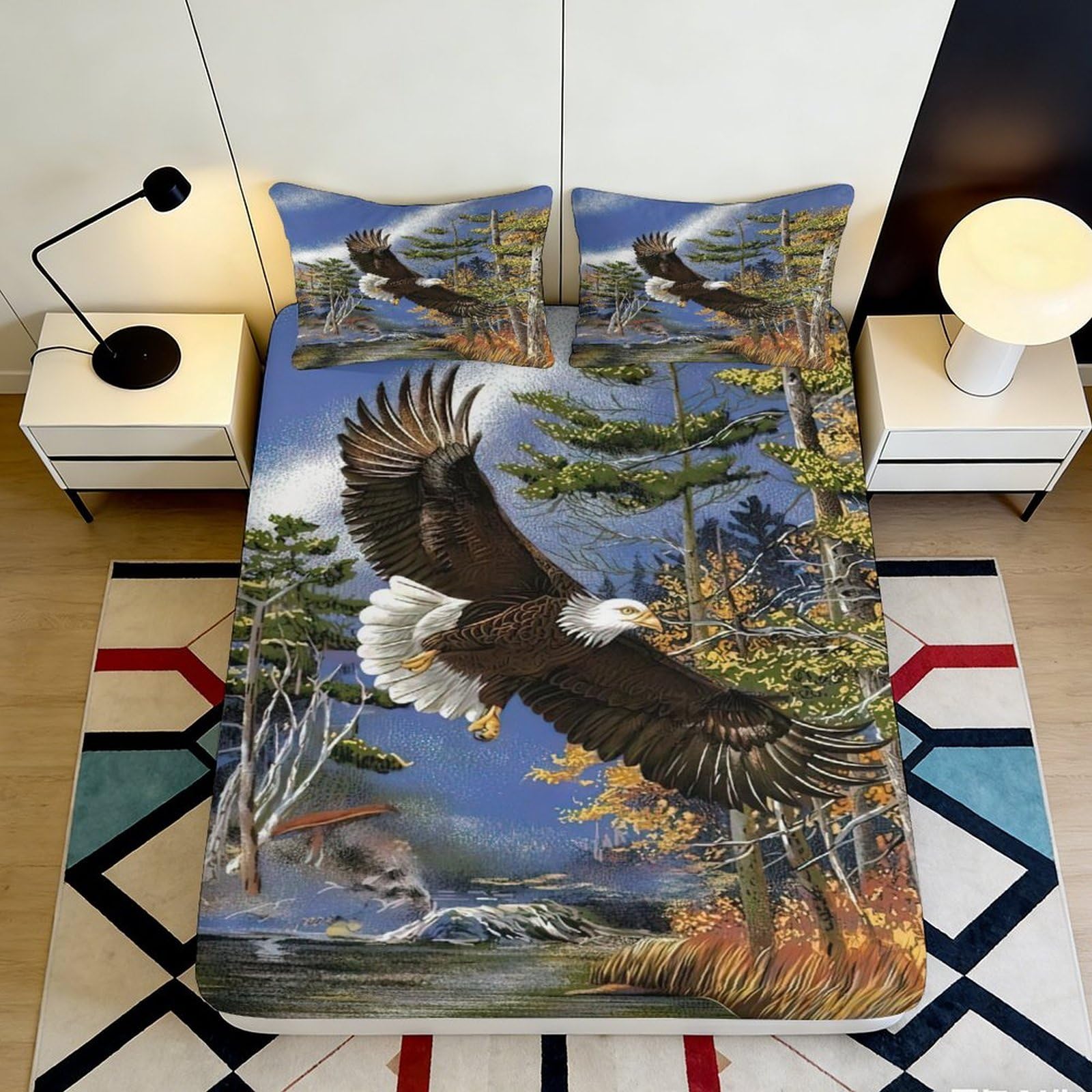 3D Printed Bald Eagle Forest Fitted Sheet Microfiber Soft Breathable River Landscape Bed Cover for Bedroom Decor 90x200x25cm