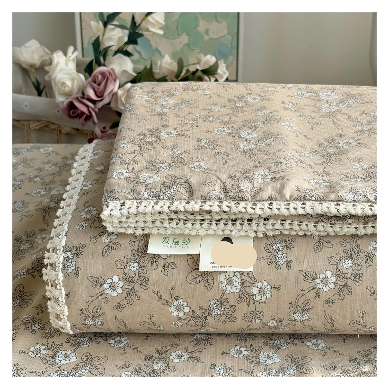 Spring Summer Floral Print Double Gauze Bed Sheet With Fringe Lace Trim(Moonlight Chestnut,200x230cm Twin)