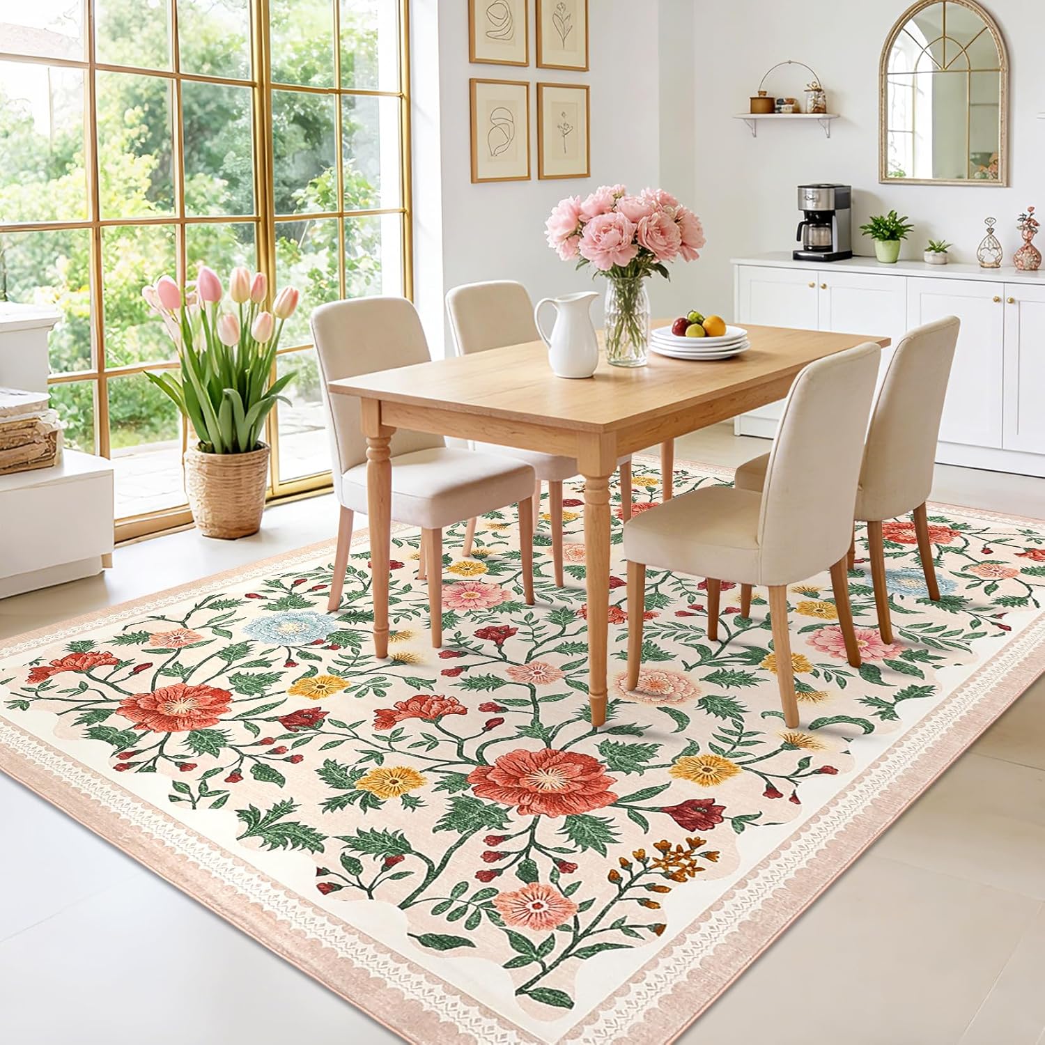 Garvee 9x12 Vintage Area Rug for Bedroom, Large Living Room Rug with Non Slip Backing, Floral Border Stain Resistant Non Shedding Area Rugs Low Pile Soft Mats for Nursery, Dining Room, Beige