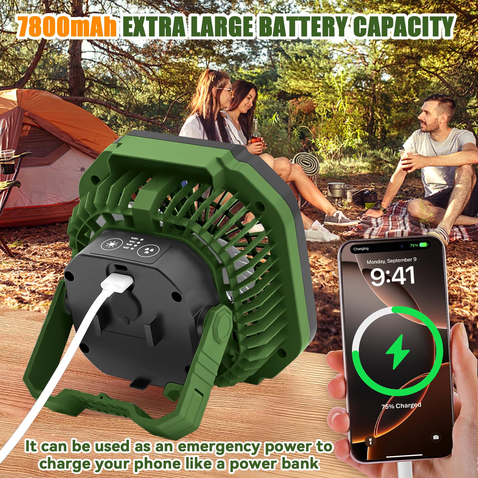 Ventilatore da Campeggio 7800mAh Portatile Ricaricabile con Luce LED 4 Velocità Telecomando