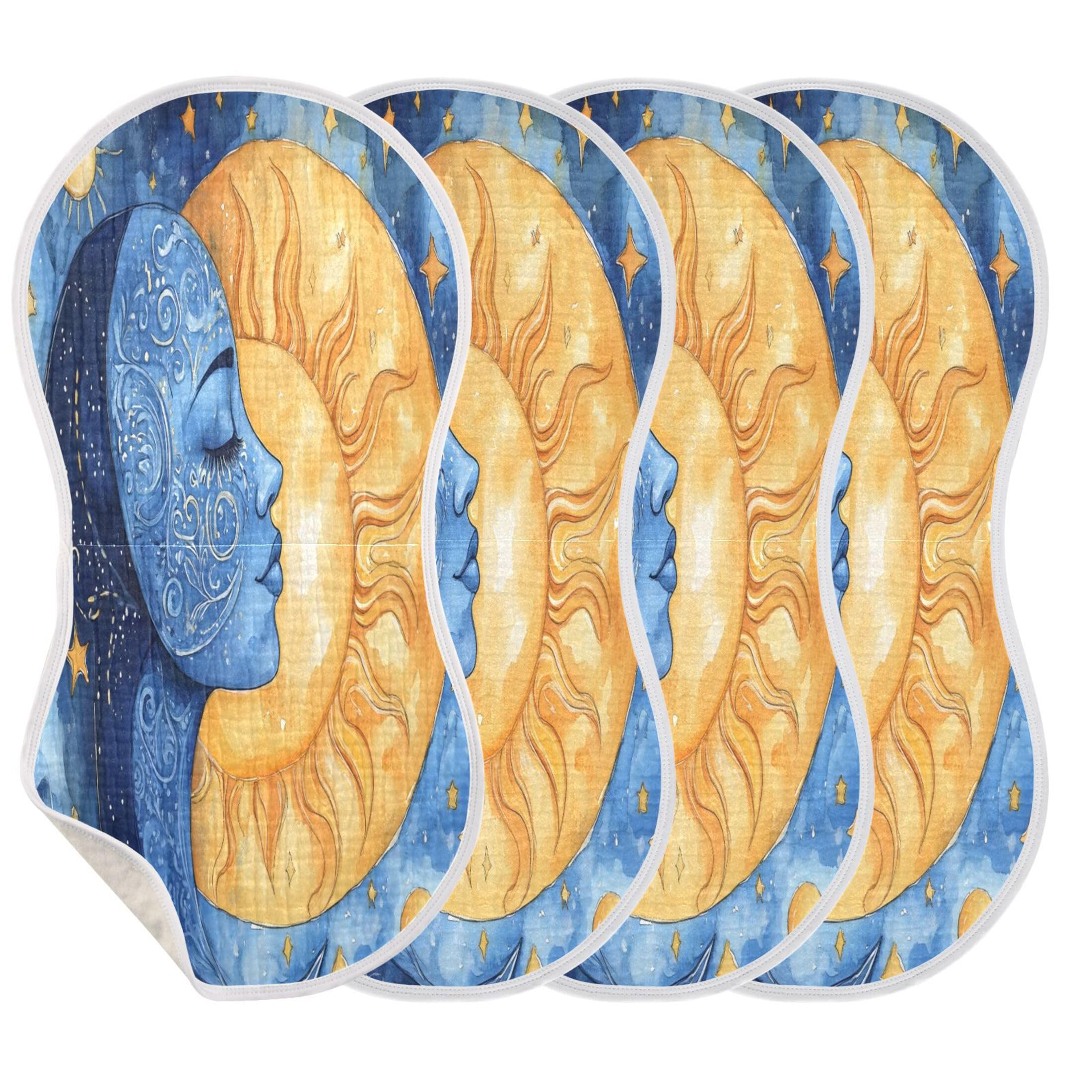 Sevdomey Watercolor Sun and Moon Baby Burp Cloths for Newborn Baby Boys and Girls, Soft Absorbent Cotton Muslin Burp Clothes Set
