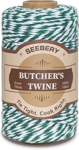 Green and White Butchers Twine – 328Ft 2mm Food Safe Cotton Cooking Twine String for Trussing Turkey, Roasting, Baking, Tying Meat, Pumpkin Bread, Kitchen Use, Christmas Decorations and Gift Wrapping