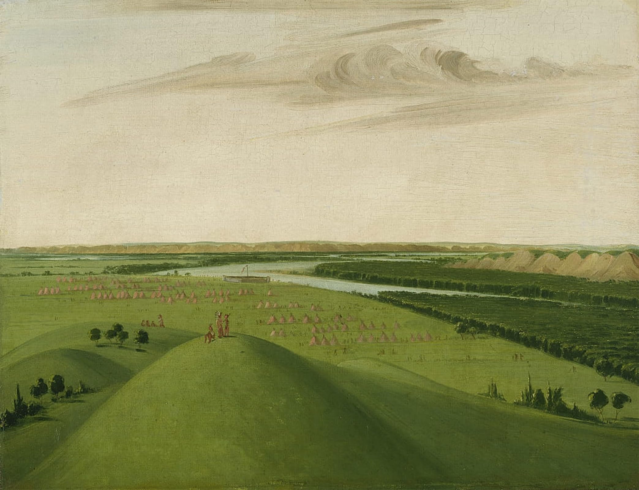 HRJUBWREE Oil Painting Prints on Canvas Painting Picture Fort Union Mouth of the River by George Catlin Artwork Canvas Prints for Office Decor 60x90cm