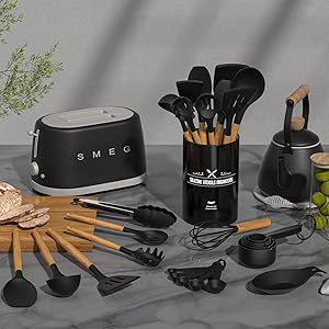 Umite Chef Kitchen Cooking Utensils Set, 33 pcs Non-Stick Silicone Cooking Kitchen Spatula Set with Holder, Wooden Handle Silicone Kitchen Gadgets Utensil Set (Black)
