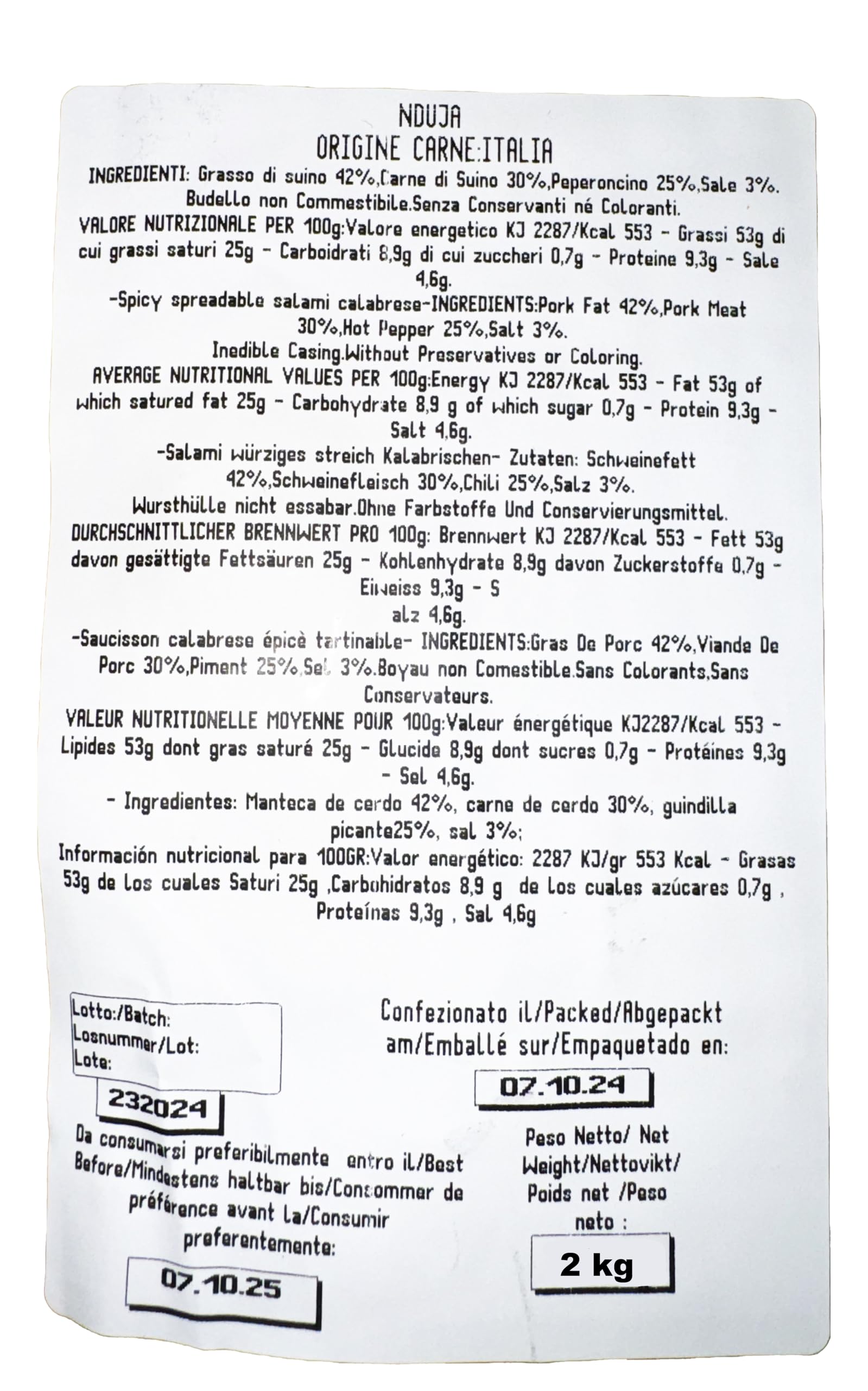Nduja Di Spilinga Premium Reserve vom schwarzen Schwein De Luca 100% italienisch Hergestellt in Kalabrien De Luca Die italienische Exzellenz, die die Welt zum Träumen bringt 1900 g