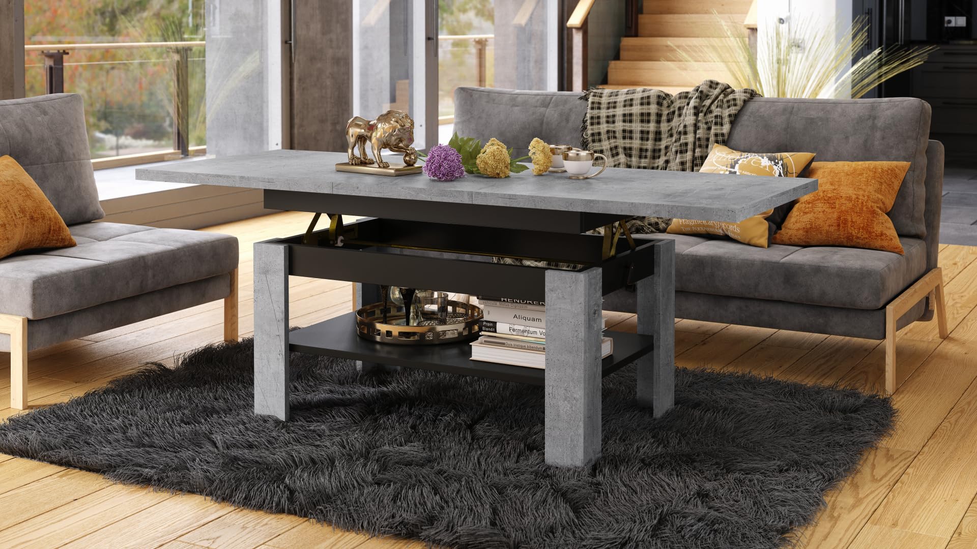 All4All Couchtisch Rino - Kaffeetisch - Wohnzimmertisch mit Ablage - Sofatisch - ausziehbar bis 170cm - höhenverstellbar - 130x65cm - 05 - Beton + Schwarz