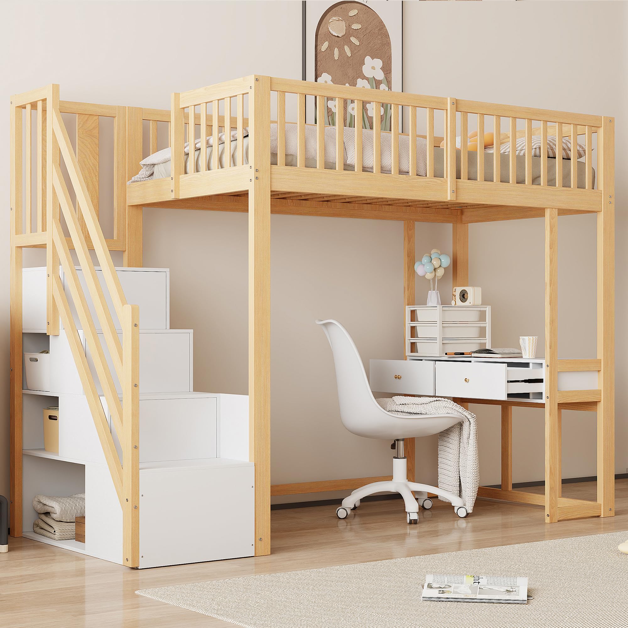 Merax Hochbett 90x200 cm mit Schreibtisch, Multifunktionales Hochbett für 1 Person mit Treppenregal, Weiß und Holz (ohne Matratze)