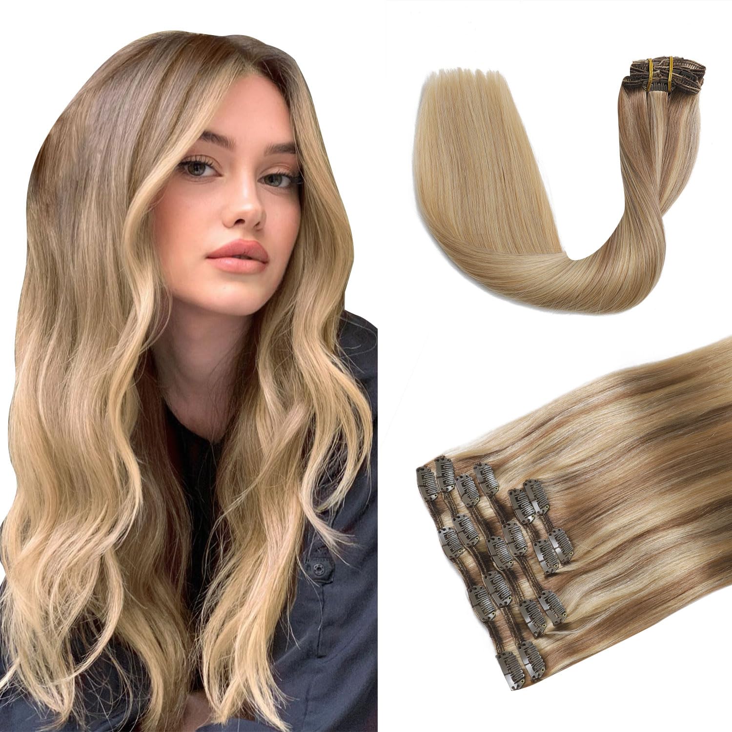 XDhair Extension Cheveux Naturel Clip, 40cm 120g 6pcs Extention de Cheveux Humains Vrai Cheveux,Brun Doré avec Blond ClairExtension a Clip Cheveux Naturel #10/16/16 16pouces
