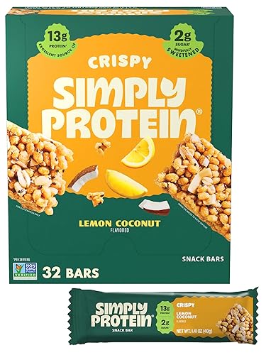 SimplyProtein - Barra de proteínas bajas en carbohidratos, paquete de 32, limón y coco, alto contenido de proteínas a base de plantas, barras de