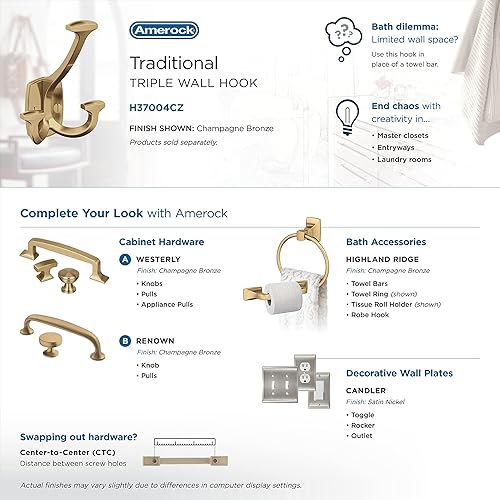 Miniatura 6 de Amerock H37004CZ  Gancho de pared decorativo Vicinity de triple punta  Gancho en bronce champán para abrigos, sombreros, mochilas, bolsos  Ganchos