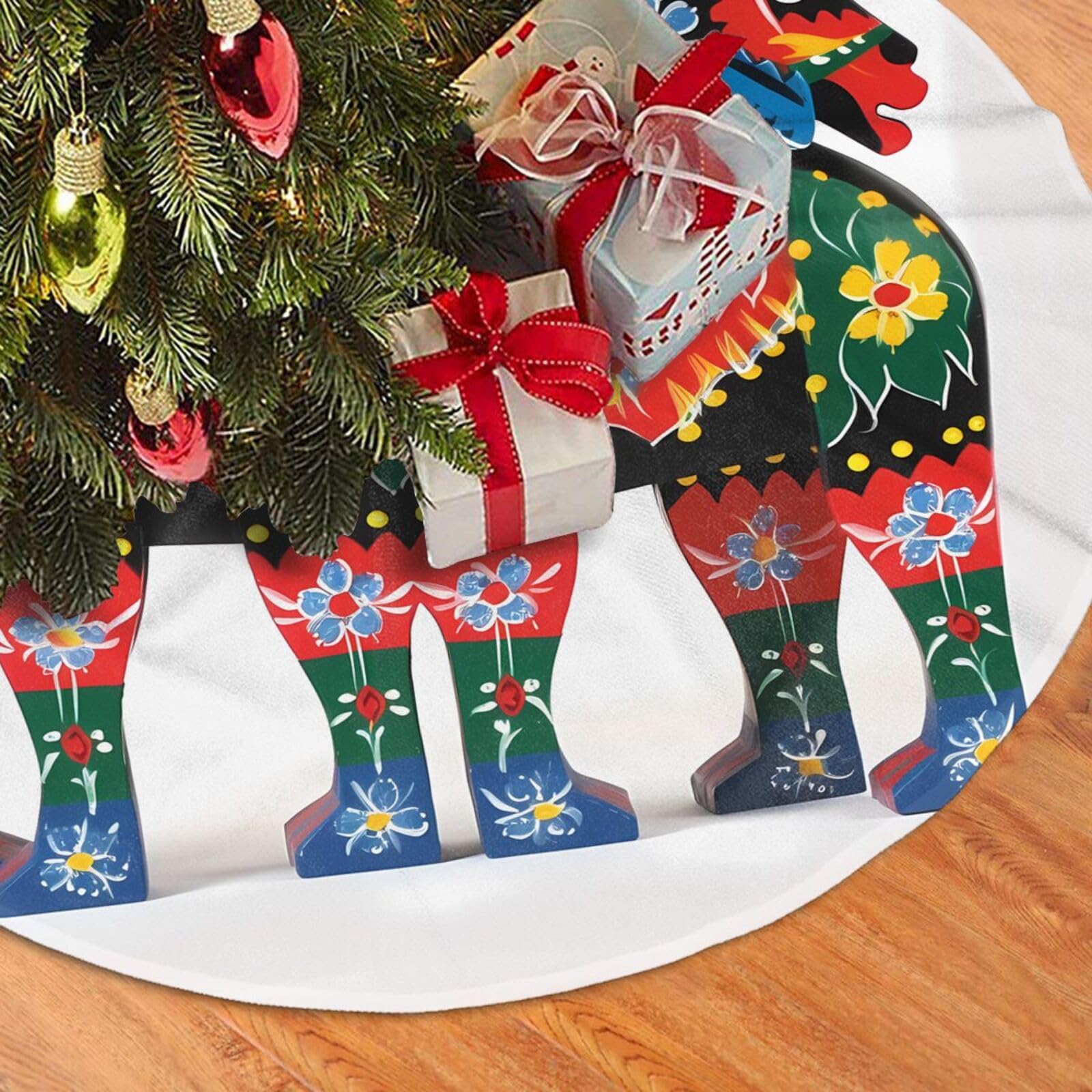 Fodpand Black Runner Swedish Dala Horse Folk Christmas Tree Skirt 48" Velvet Xmas Tree Skirt Mat Rustic Christmas Tree Mat Cover Winter Xmas Tree Collar For Indoor Outdoor Christmas Decorations