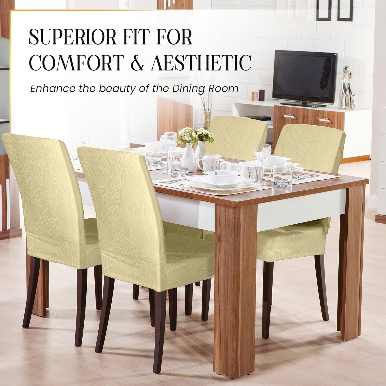 Waterproof Dining Chair Covers Set of 4 - 3 Layers Thick Fabric Parsons Chair Slip Covers - Jacquard Kitchen Chair Covers & Stretch Protectors for Dining Room, Restaurant - Removable Washable (Beige)