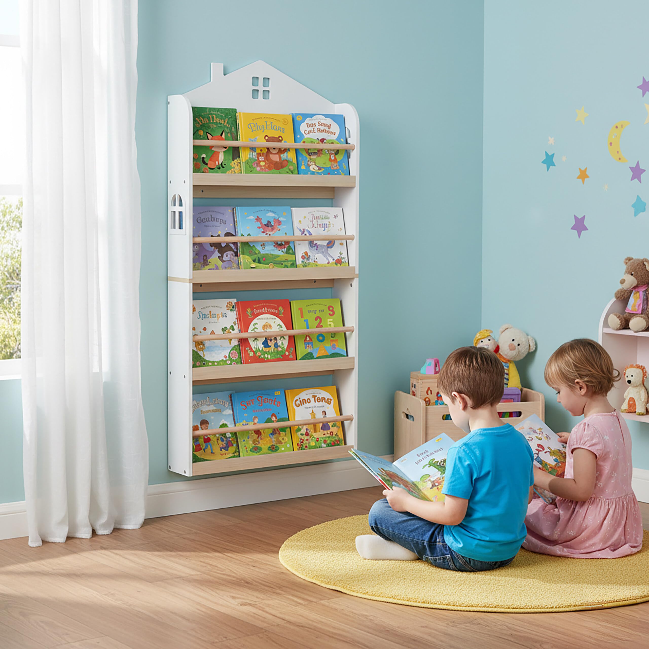 Relaxdays Étagère Livres Murale Enfants 4 Compartiments, Maison, Blanc/Naturel 130x60x15 cm