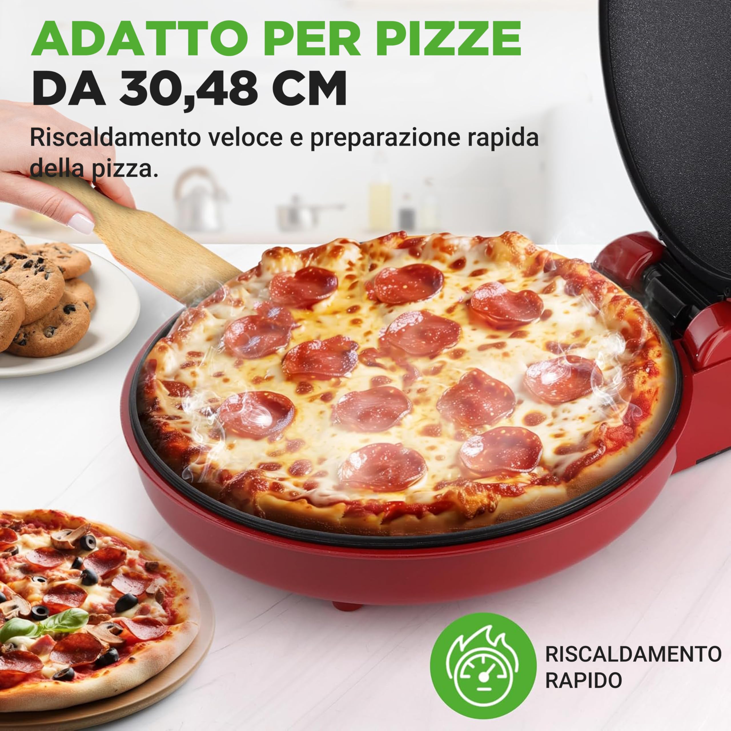 NutriChef Forno Pizza, Cuoci Pizza, Uova, Toast, Pancake e Piadina, 1500 Watt, 30 cm, Manici Termici Salvaspazio, 80–200°C, Pizza Fatta in Casa Croccante, Pizza Surgelata, Pizzaiolo, Rosso