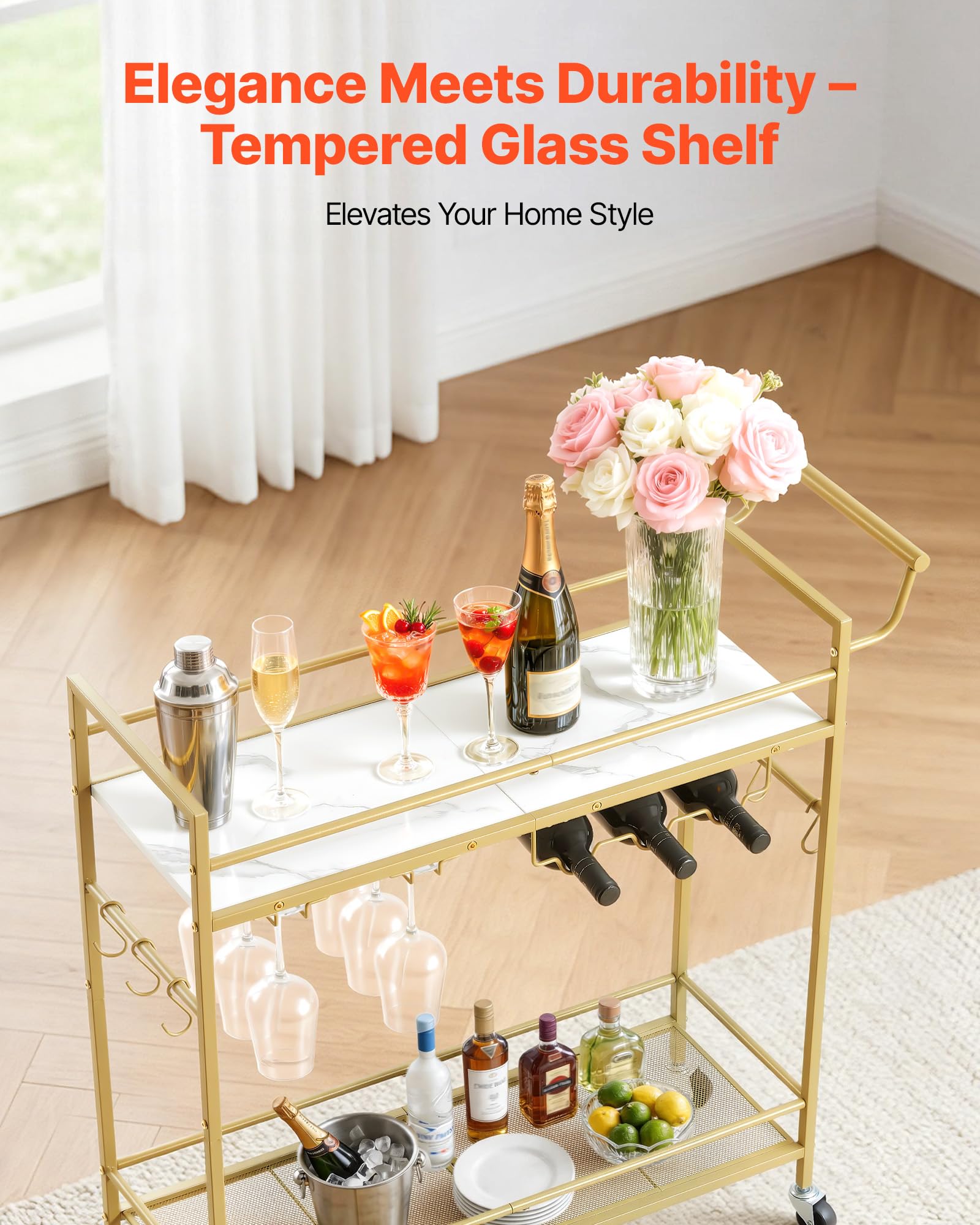VEVOR Desserte Polyvalente, Chariot de Service pour Bar 2 Niveaux 86x30x83 cm, Rangement Vins Ustensiles Boissons Cuisine, Bar Roulant Étagères en Bois et Grillagée, avec Range-bouteilles Porte-verres