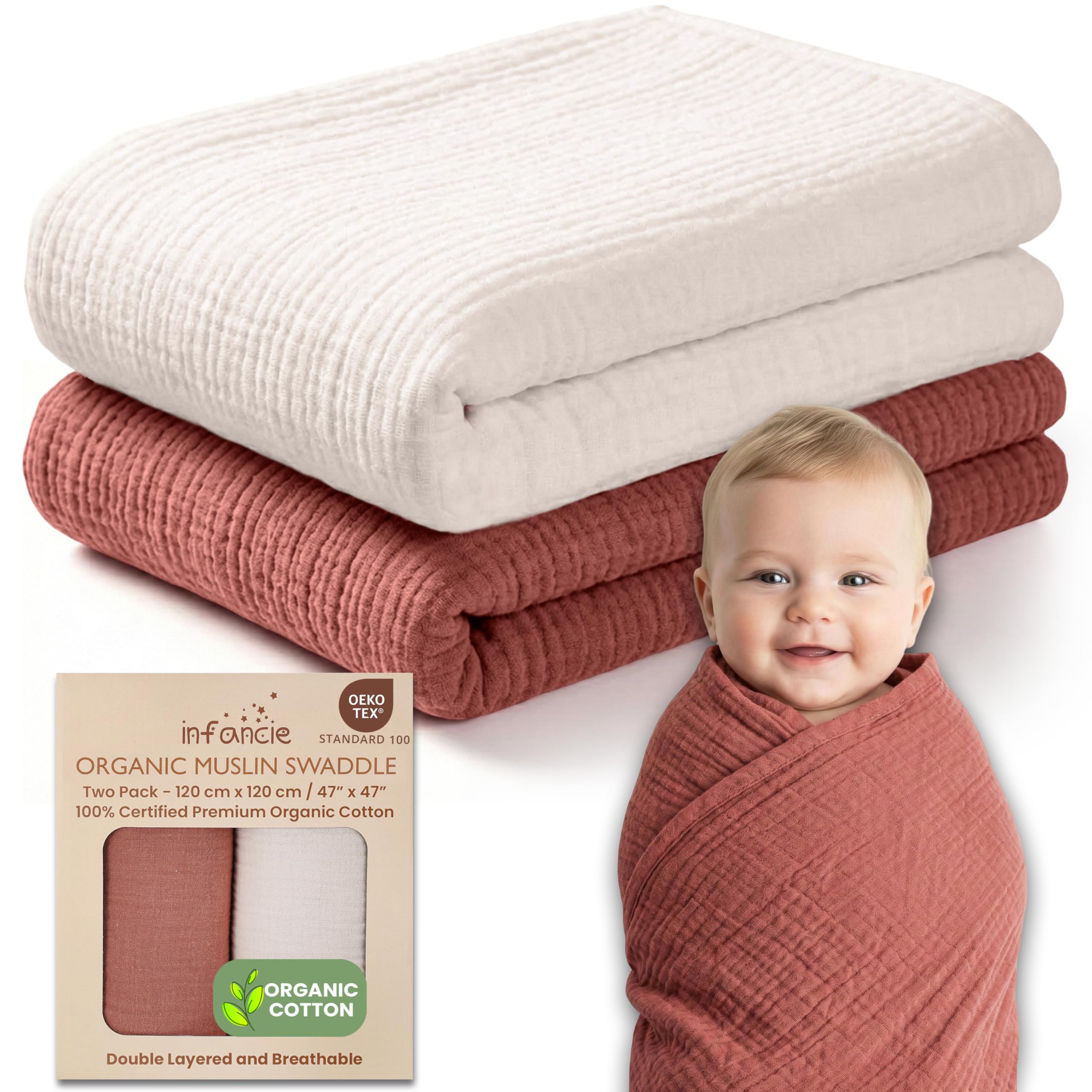 infancie 100% Organic Cotton Muslin Baby Blanket - 47 x 47 Inch Breathable Swaddle Blankets, Hypoallergenic Double-Layer, Soft and Cozy Newborn Baby