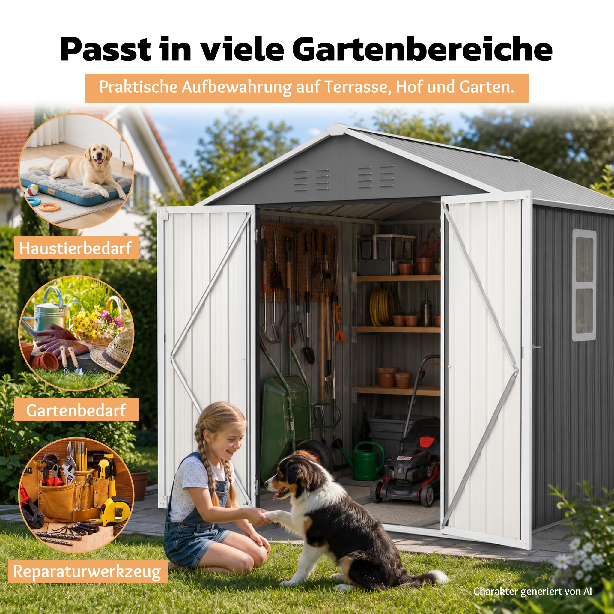 6x6 FT Gerätehaus aus Metall，Robuster Geräteschuppen mit Fenster&Belüftung