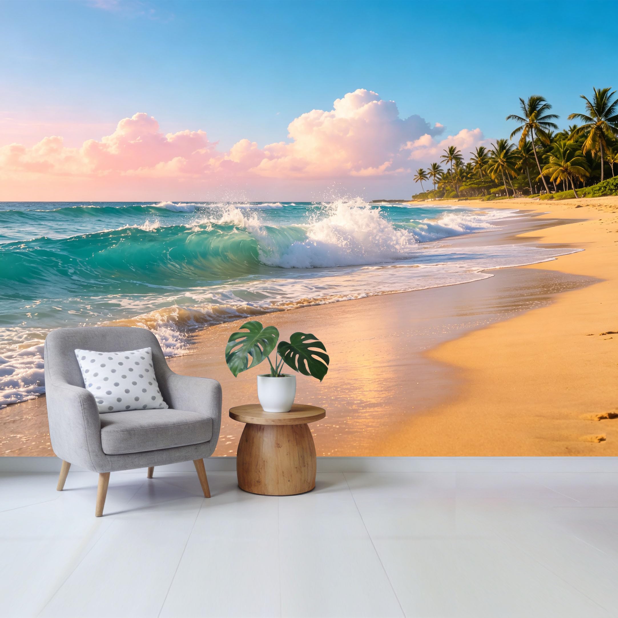 Qzlithotic Yq2605250140 Custom Size Wall Mural Tropical Coastal Beach Ocean Wave Golden Sand Palm Trees Selfadhesive Wall Fabric Removable Wallpaper For Home Office Decor