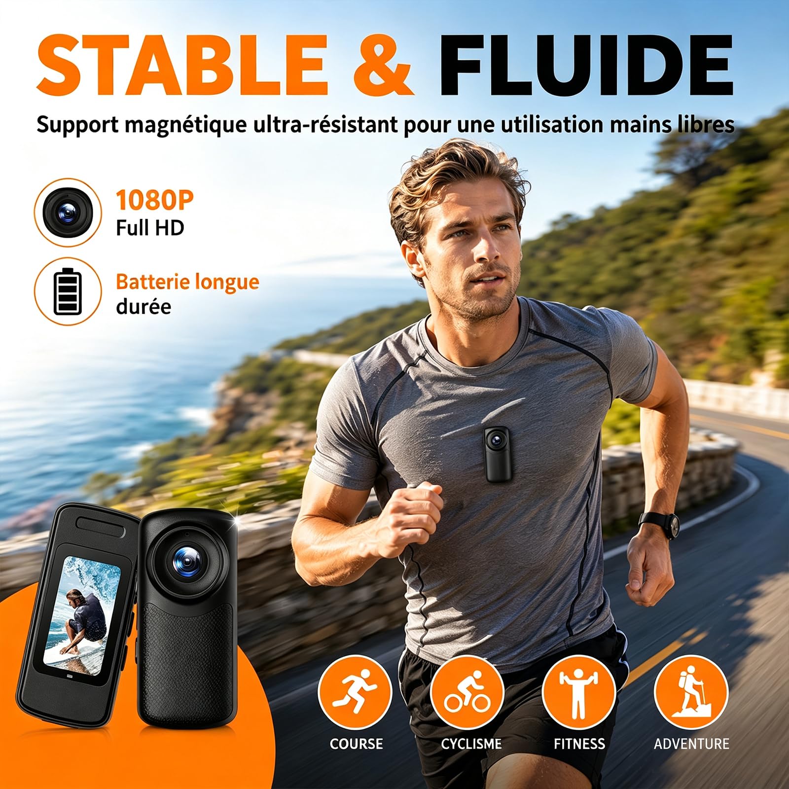 Caméra d'action magnétique portable 1080p HD avec objectif grand angle de 110 degrés et batterie de 1000 mAh pour promenades avec animaux de compagnie, travail, voyage, enregistrement en plein
