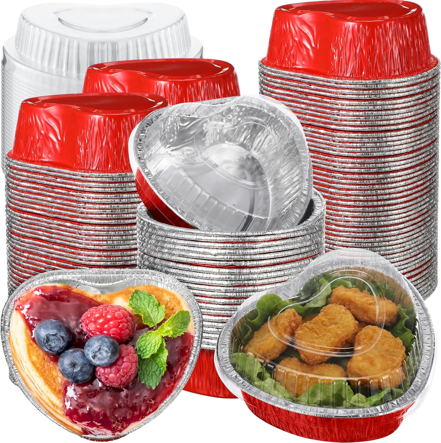 Honeydak 200 Pcs Heart Shaped Cake Pans for Baking with Lids 6 oz / 180ml Aluminum Foil Cupcake Cups Mini Heart Cake Liners Disposable Baking Tins for Mother Day Wedding Anniversary Dessert