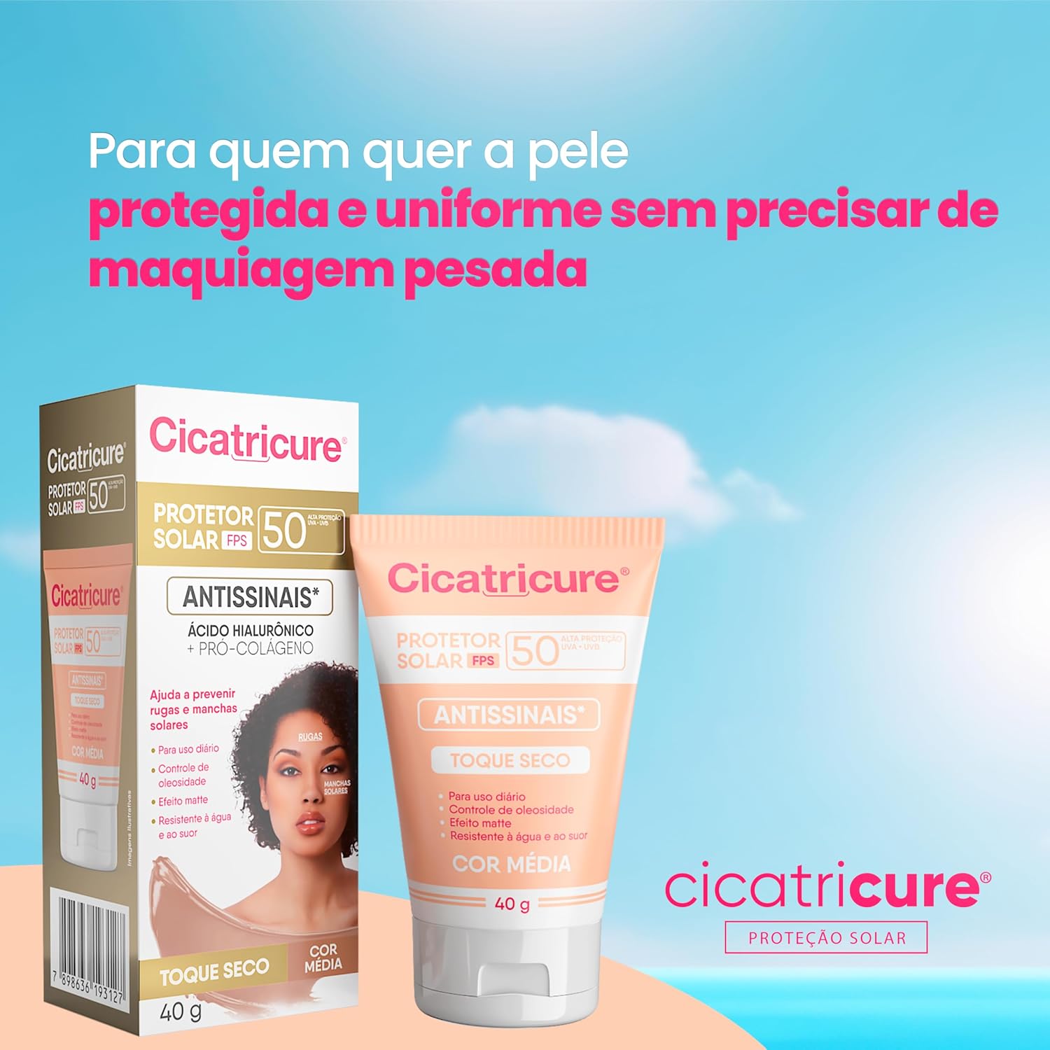 Cicatricure Protetor Solar Facial FPS 50 Antissinais Toque Seco Cor Média, Previne Rugas e Manchas, Ultra Proteção UVA UVB, Ácido Hialurônico para Pele Oleosa, 40 ml