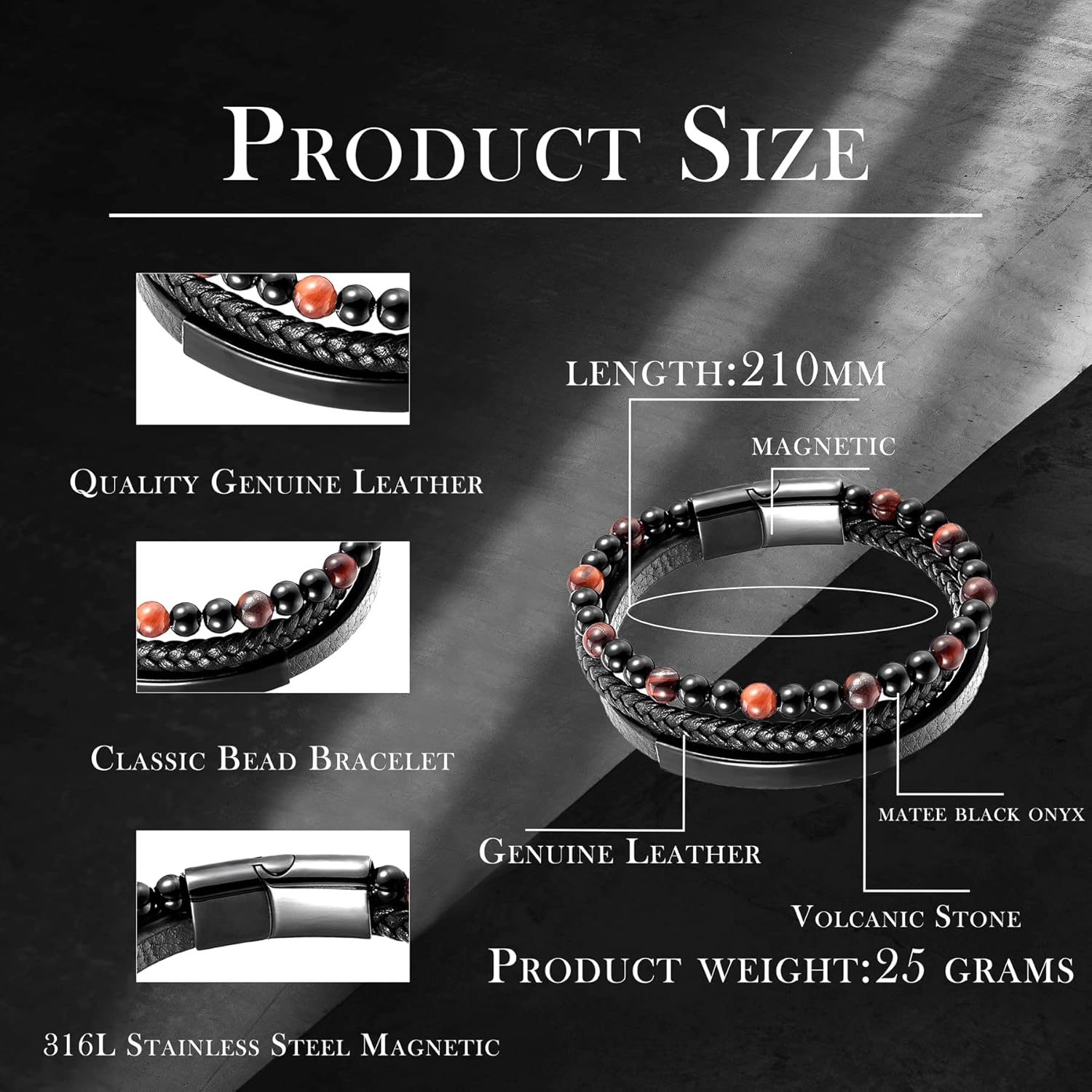 Mens Tiger Eye Matee Black Onyx Lava Rock Volcanic Stone Beaded Bracelet, Black Braided Leather Bracelet for Men - Image 6