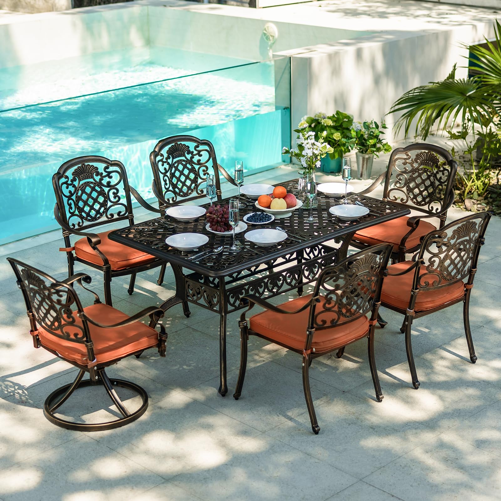ADREAK 7-Piece Patio Furniture Dining Set, All-Weather Cast Aluminum Outdoor Table and Chairs for 6, Includes 4 Fixed Chairs & 2 Swivel Chair & 60’’