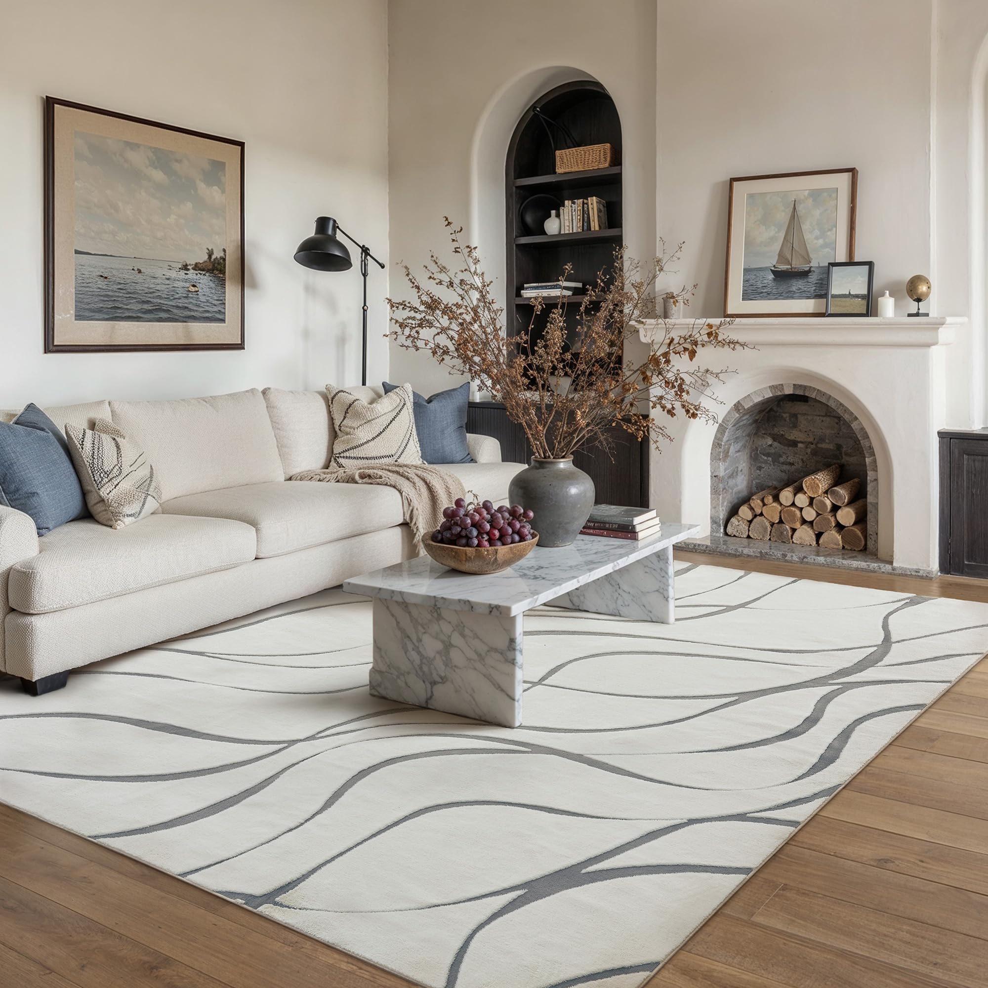 HUGEAR Shag Area Rug 8x10 Grey & Ivory Washable Living Room Bedroom Rug Non Slip Non-Shedding Soft Plush Medium Pile Large Throw Carpet for Home Office Aesthetic Modern Decor