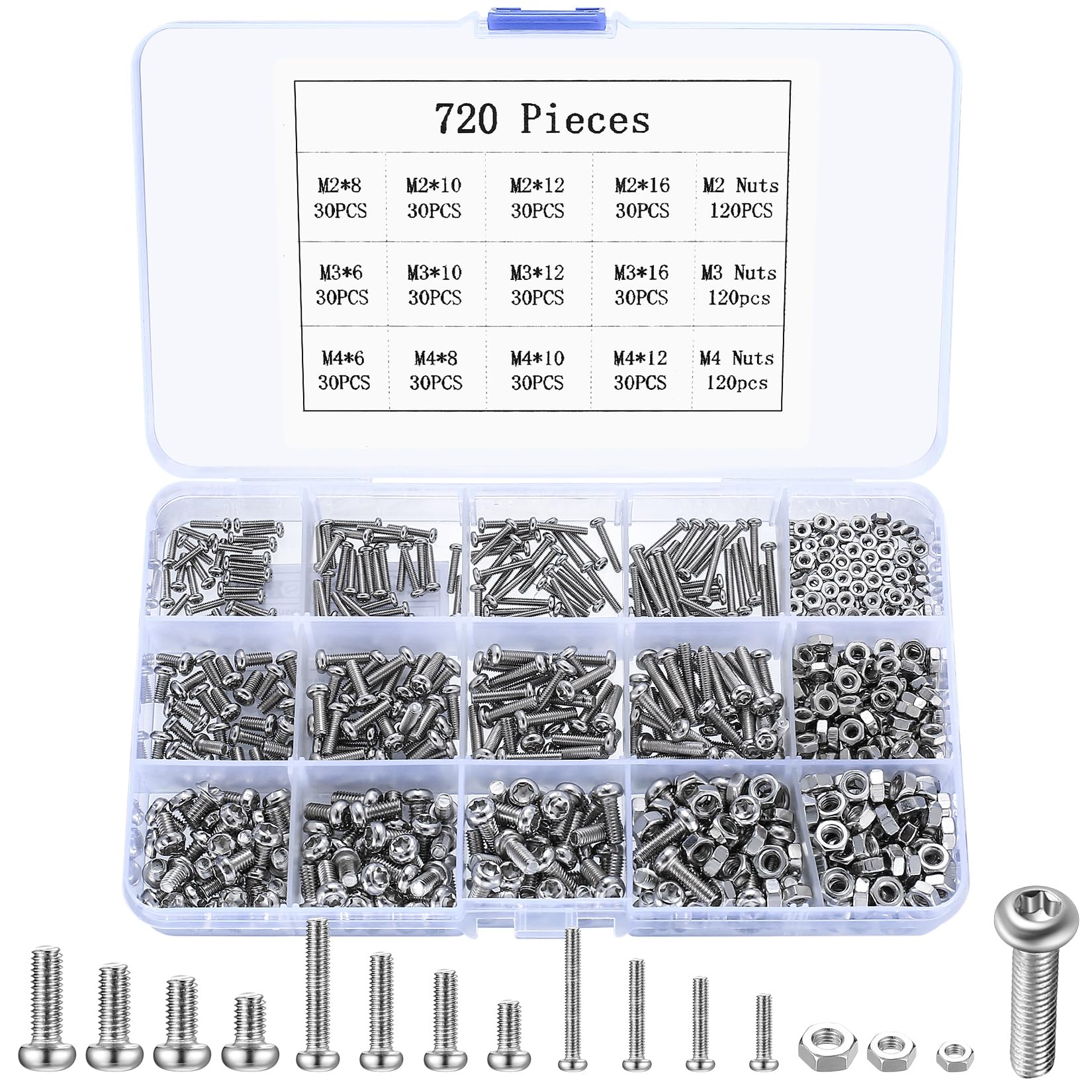 M2 M3 M4 Bolts and Nuts Set, 720 Pcs Metric Torx Drive Round Head Screws Bolts Set, Nuts and Bolts Set, Pan Head Machine Screws and Nuts Assortment Kit for Home Bicycle Motorcycle Repair (720)